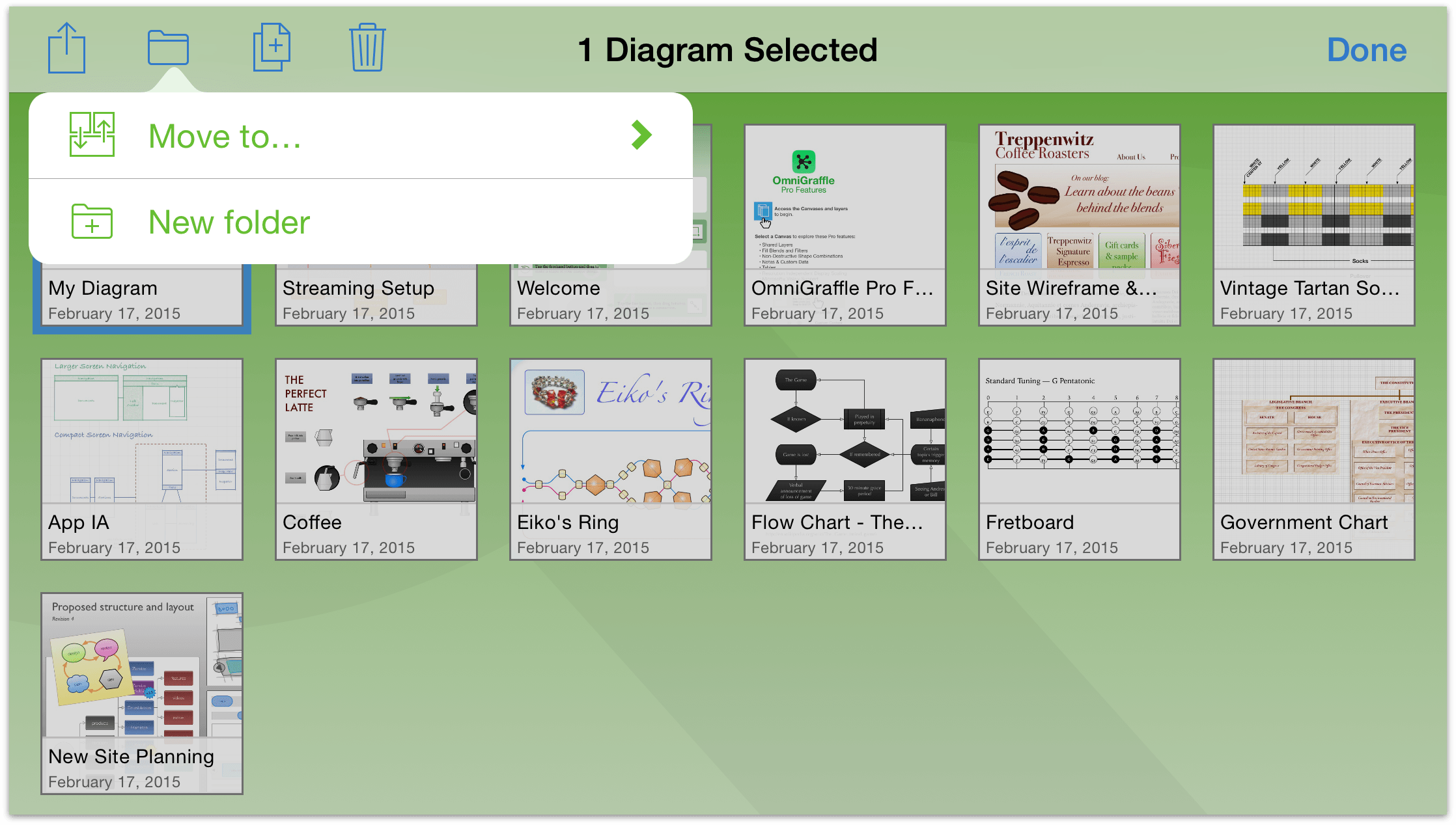 Tap the folder icon in the navigation bar to move a file to another folder, or to create a new subfolder containing the selected files.