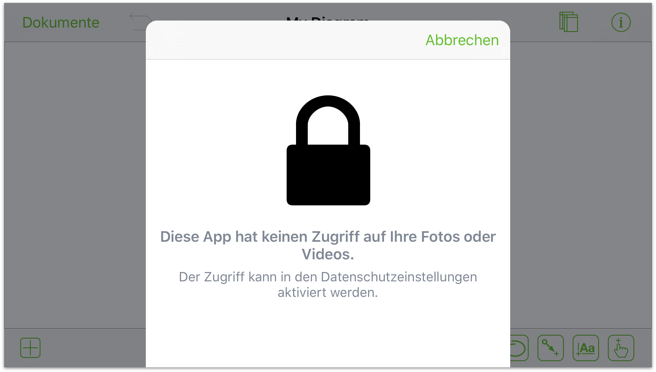 OmniGraffle weist Sie darauf hin, wenn die App keinen Zugriff auf die App „Fotos“ hat.