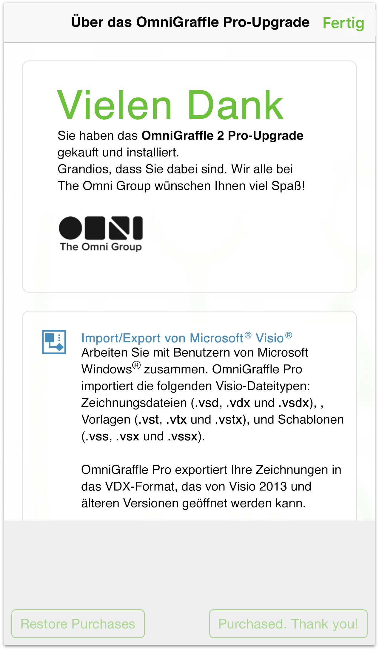 Dankeschön-Nachricht für das Upgrade auf OmniGraffle 2 Pro