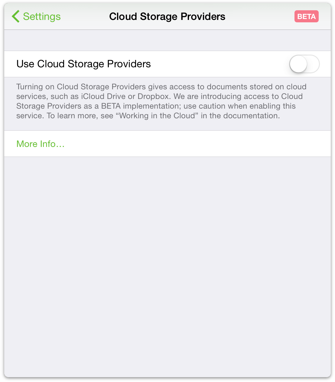 Read the text beneath the switch before turning on the Use Cloud Storage Providers option