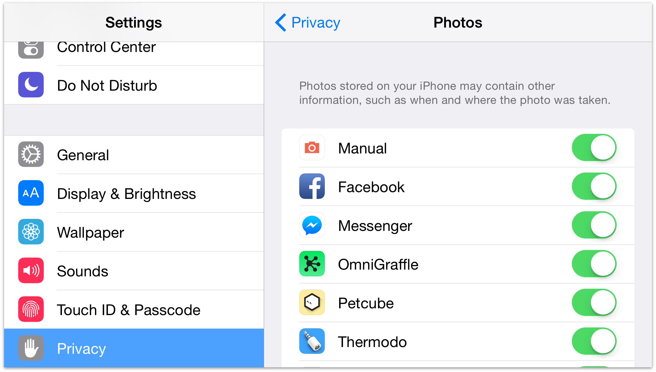 The Privacy tab in the Settings app