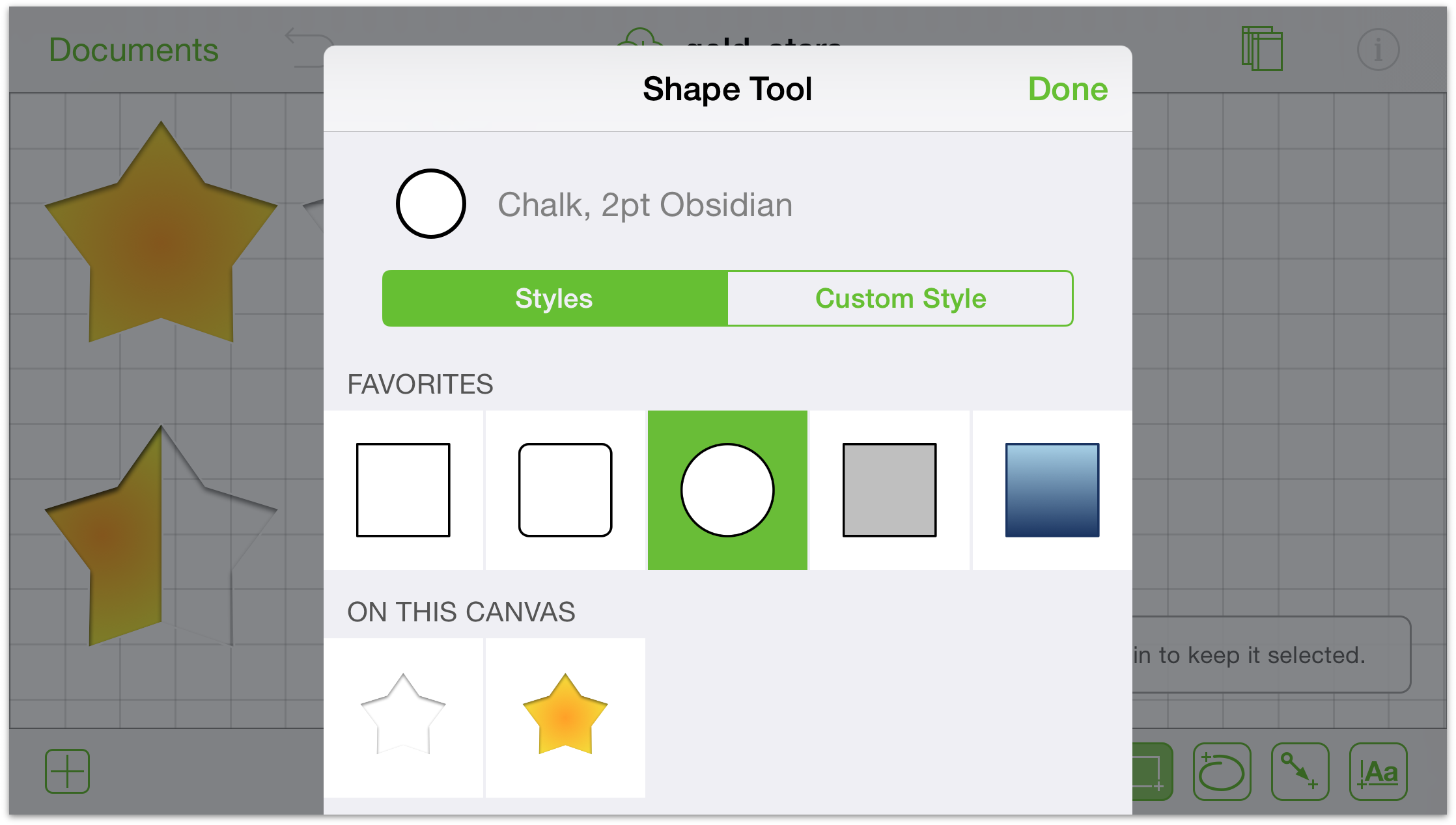 The Shape tools Info window showing that the circle shape has been selected