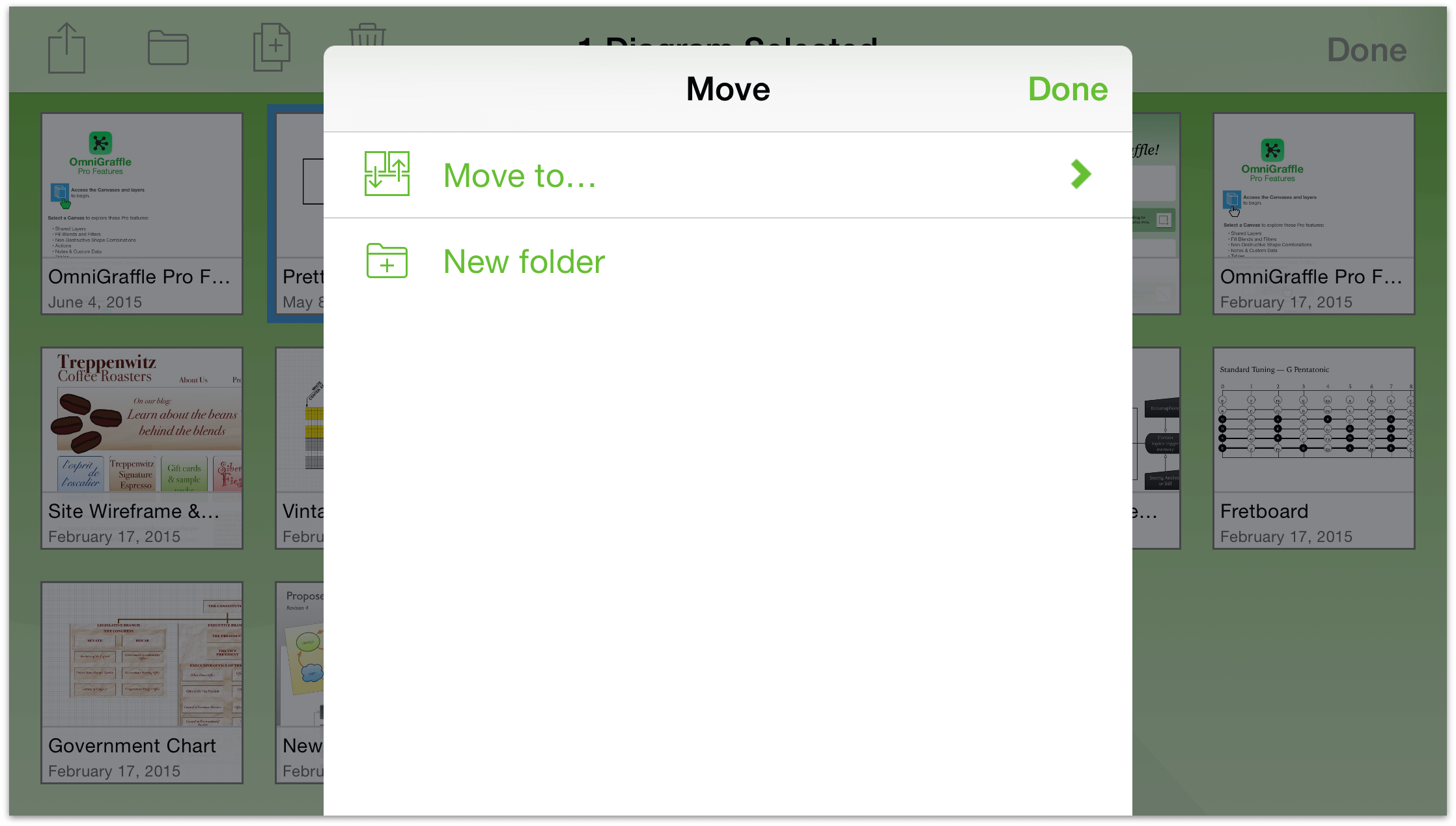 Tap the folder icon in the navigation bar to move a file to another folder, or to create a new subfolder containing the selected files.