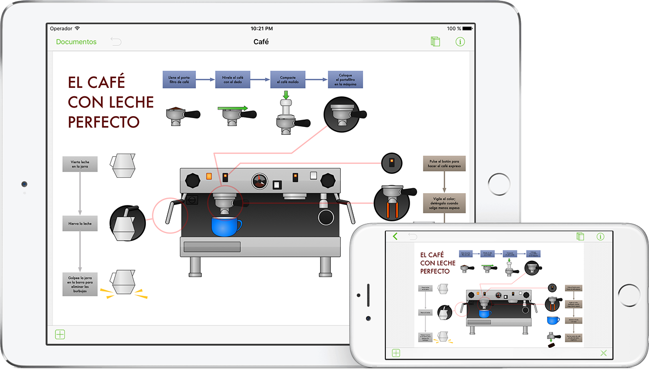OmniGraffle 2.2 para iOS tal como se ve en un iPad Air 2 y iPhone 6