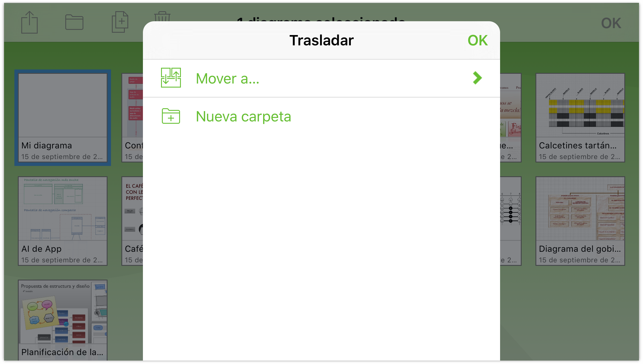 Pulse el icono de la carpeta en la barra de navegación para mover un archivo a otra carpeta o crear una subcarpeta que contenga los archivos seleccionados.