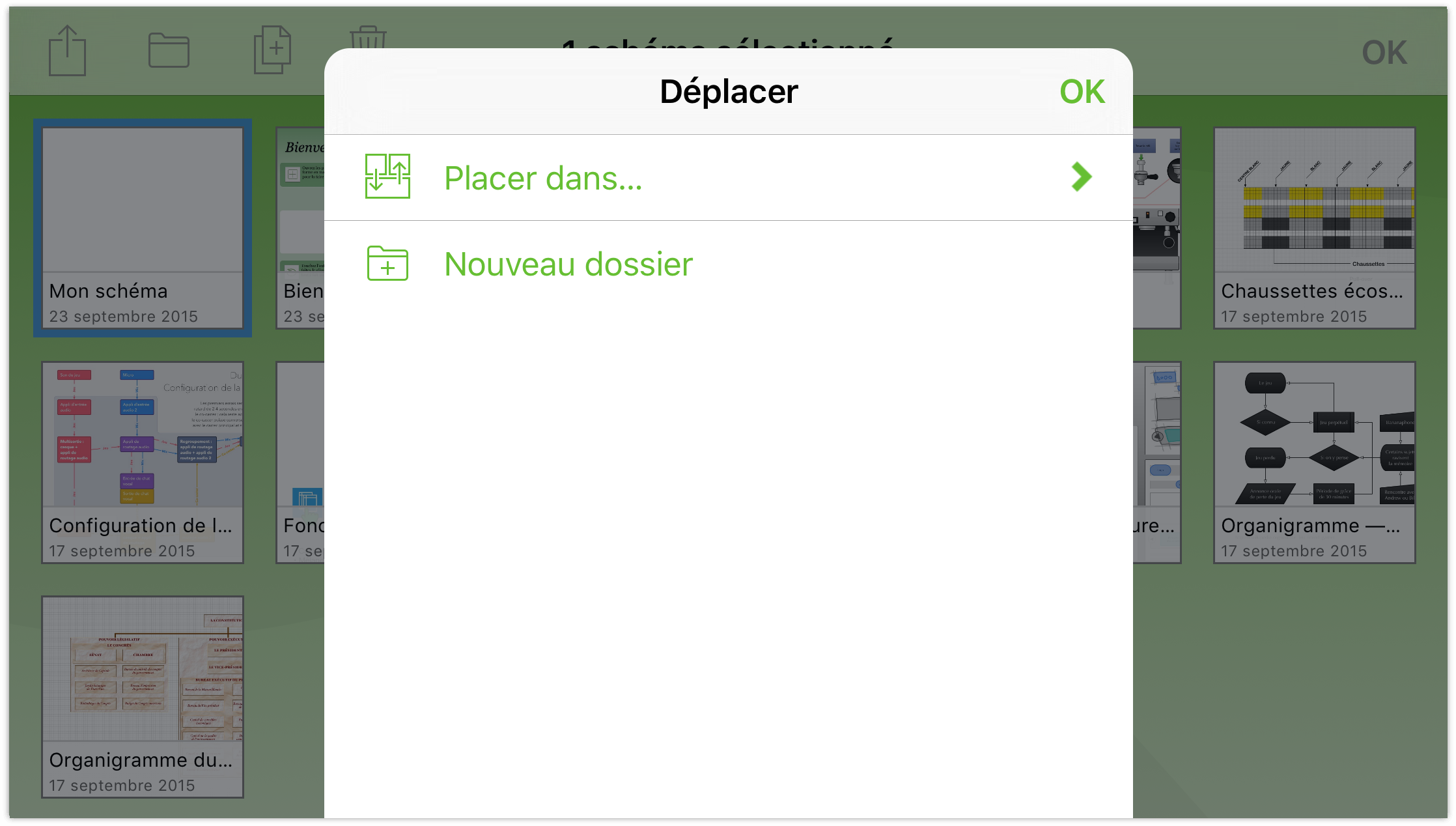 Touchez l'icône de dossier dans la barre de navigation pour placer un fichier dans un autre dossier ou créer un sous-dossier contenant les fichiers sélectionnés.