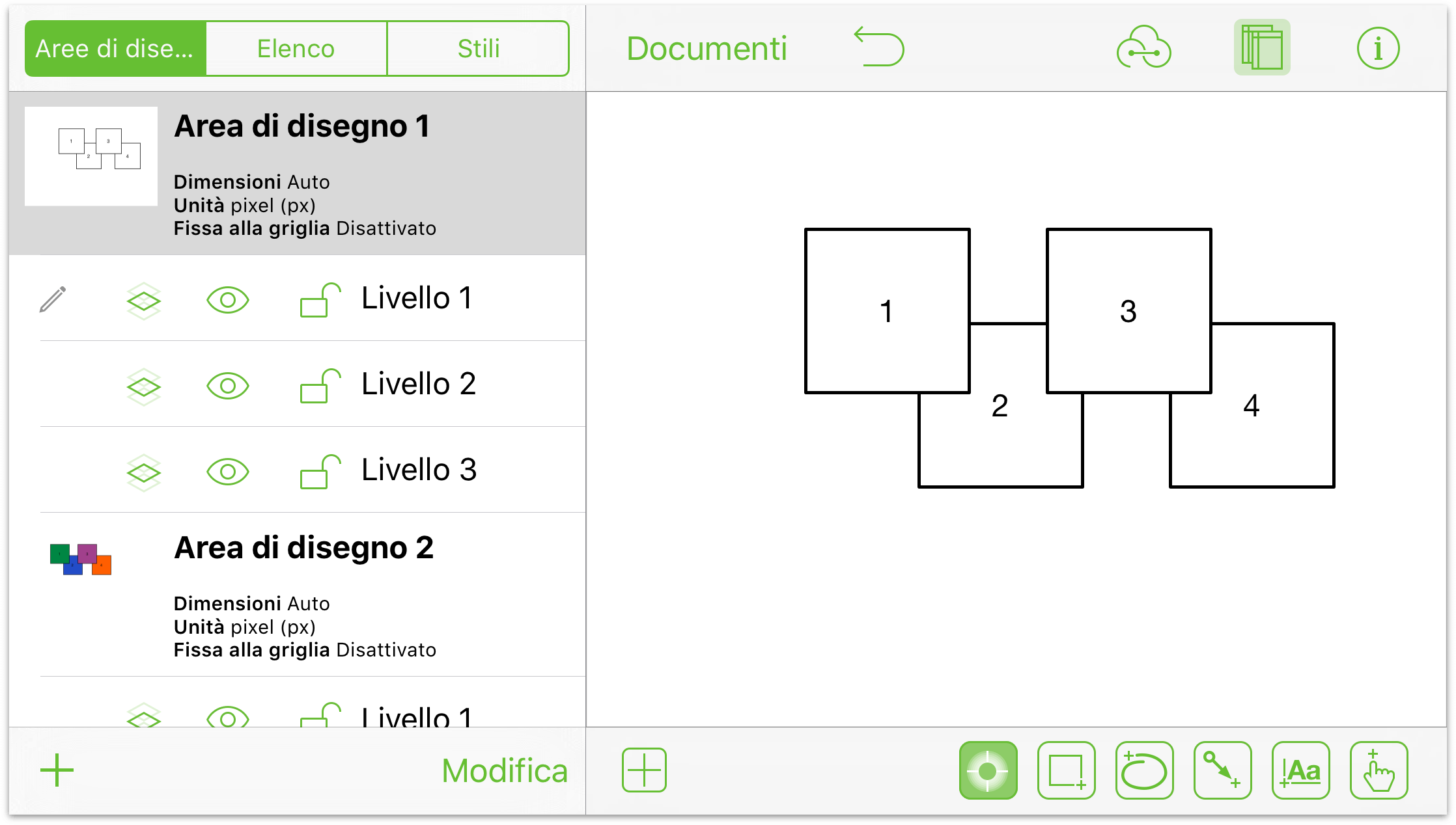 Il documento OmniGraffle, con due aree di disegno e tre livelli nell'Area di disegno 1