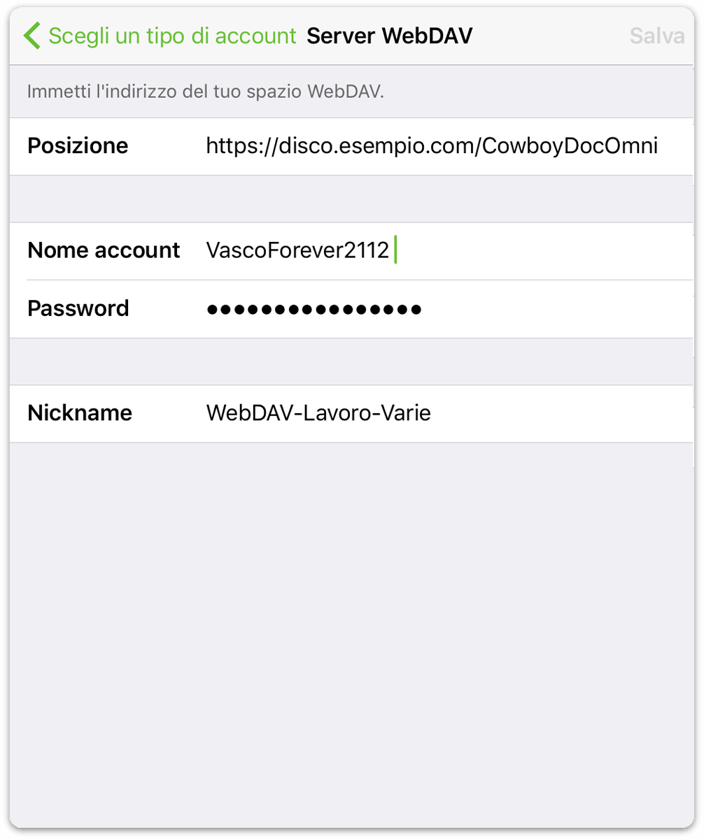 Inserimento delle credenziali dell'account WebDAV