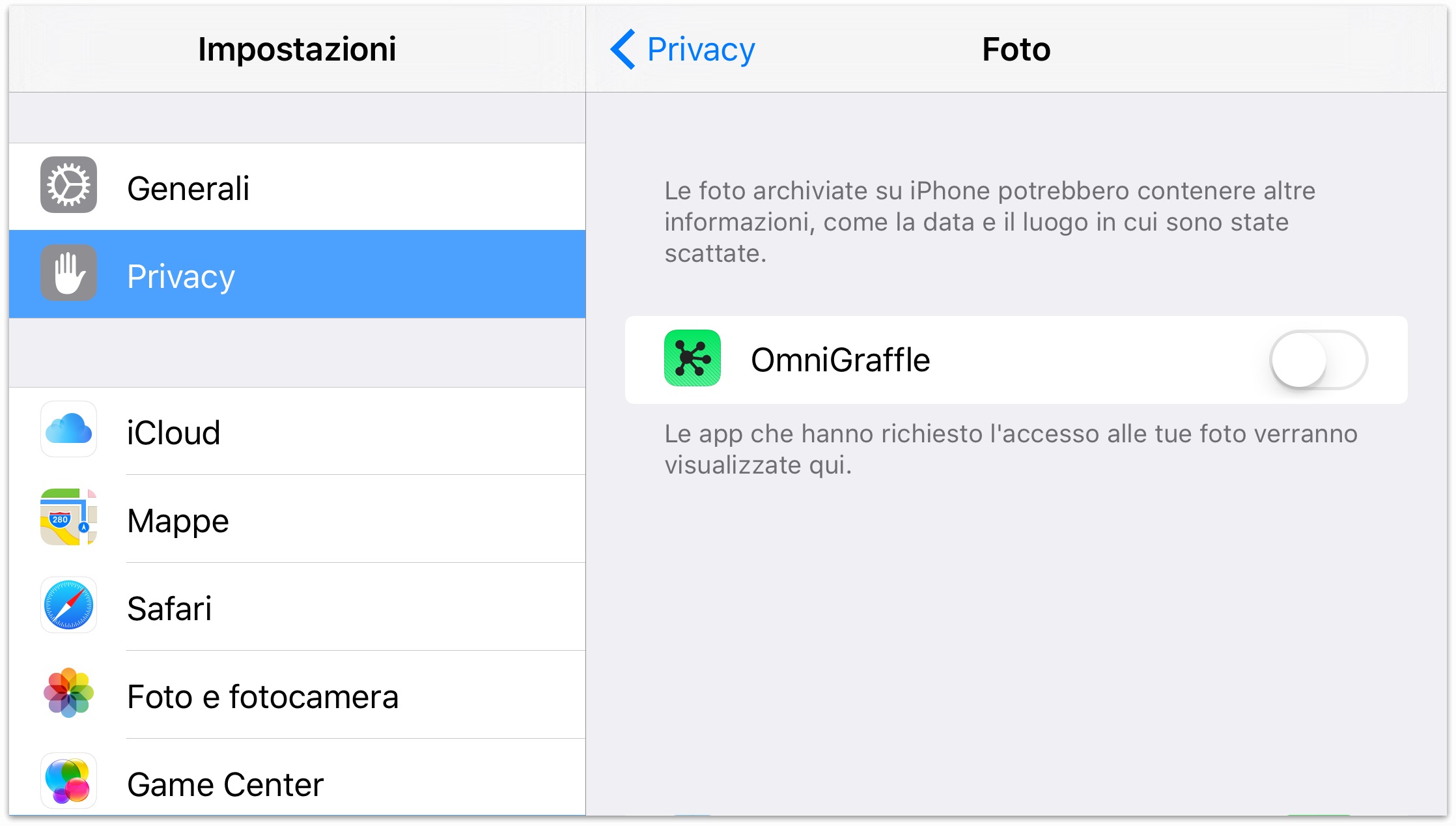 La scheda Privacy nell'app Impostazioni
