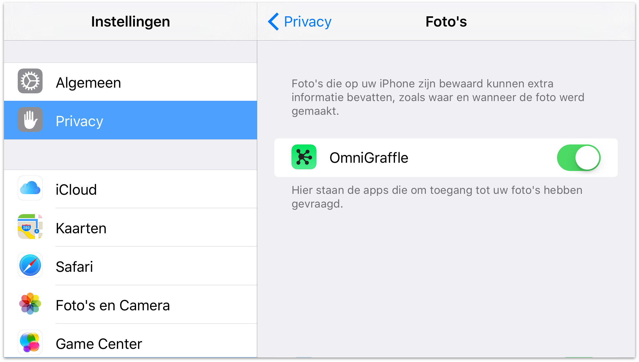 Het tabblad Privacy in de app Instellingen