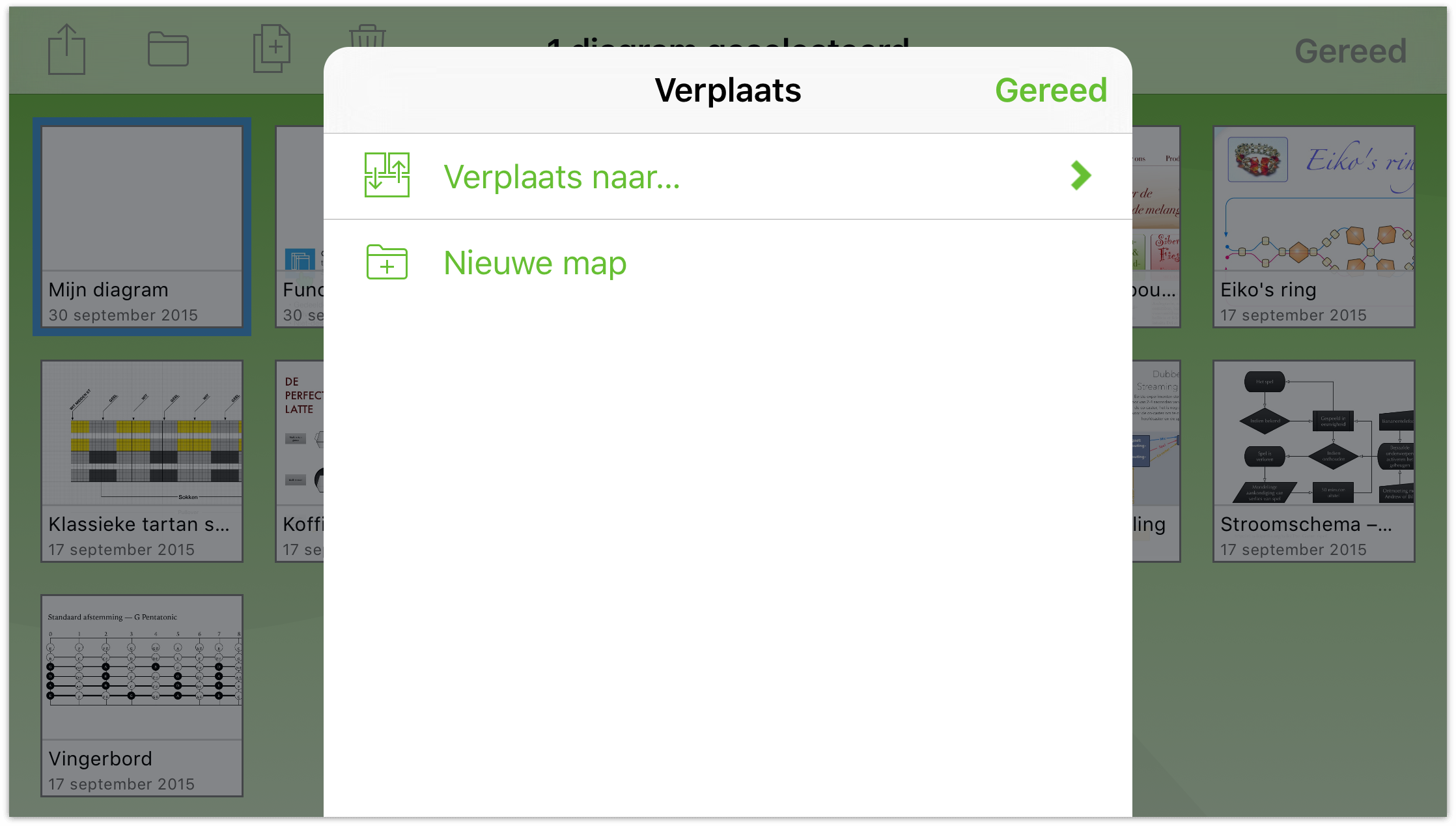 Tik op het mappictogram in de navigatiebalk om een bestand naar een andere map te verplaatsen of om een nieuwe submap te maken die de geselecteerde bestanden bevat.