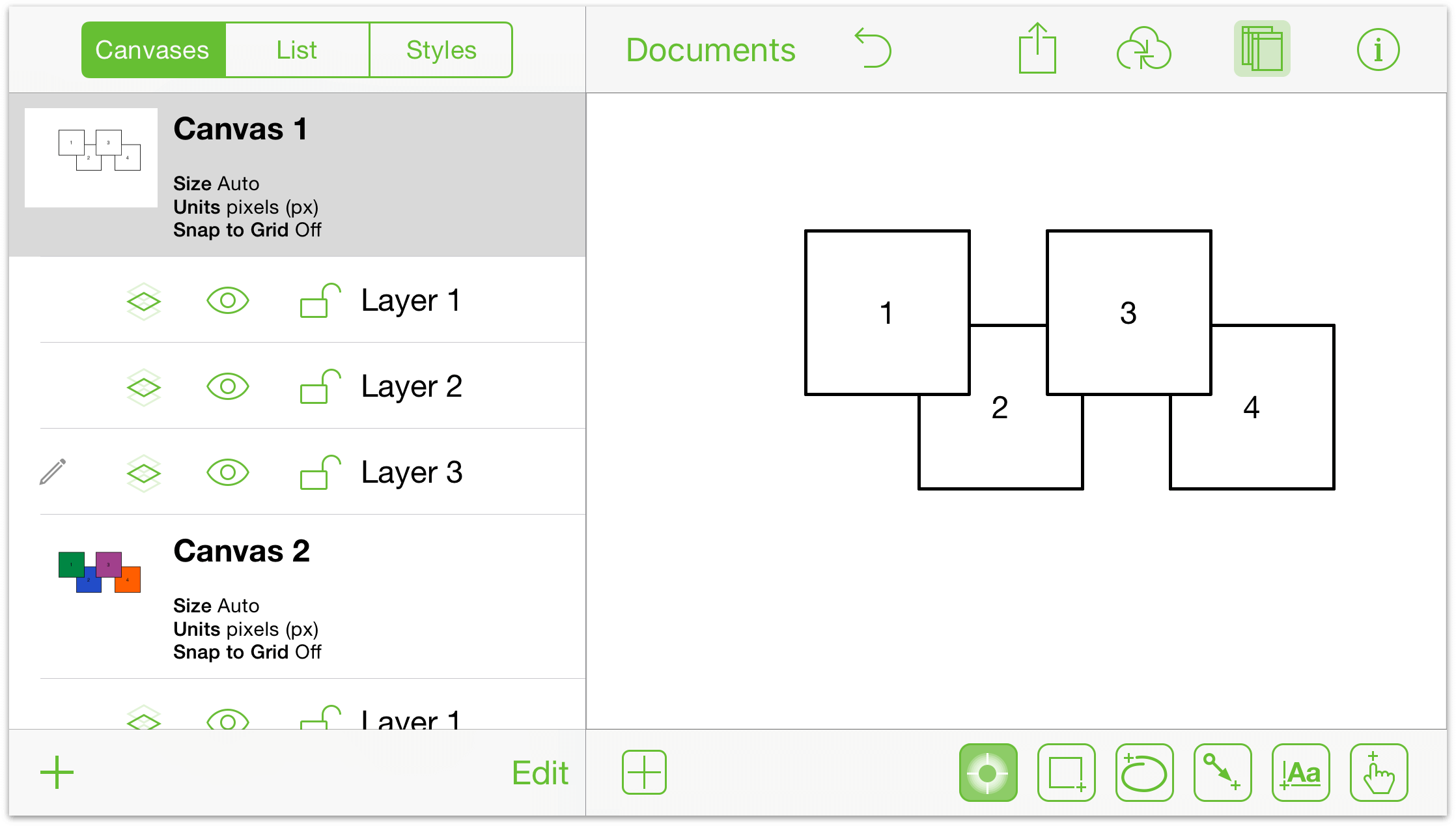 The three layers of Canvas 1 are shown as being listed in numerical order