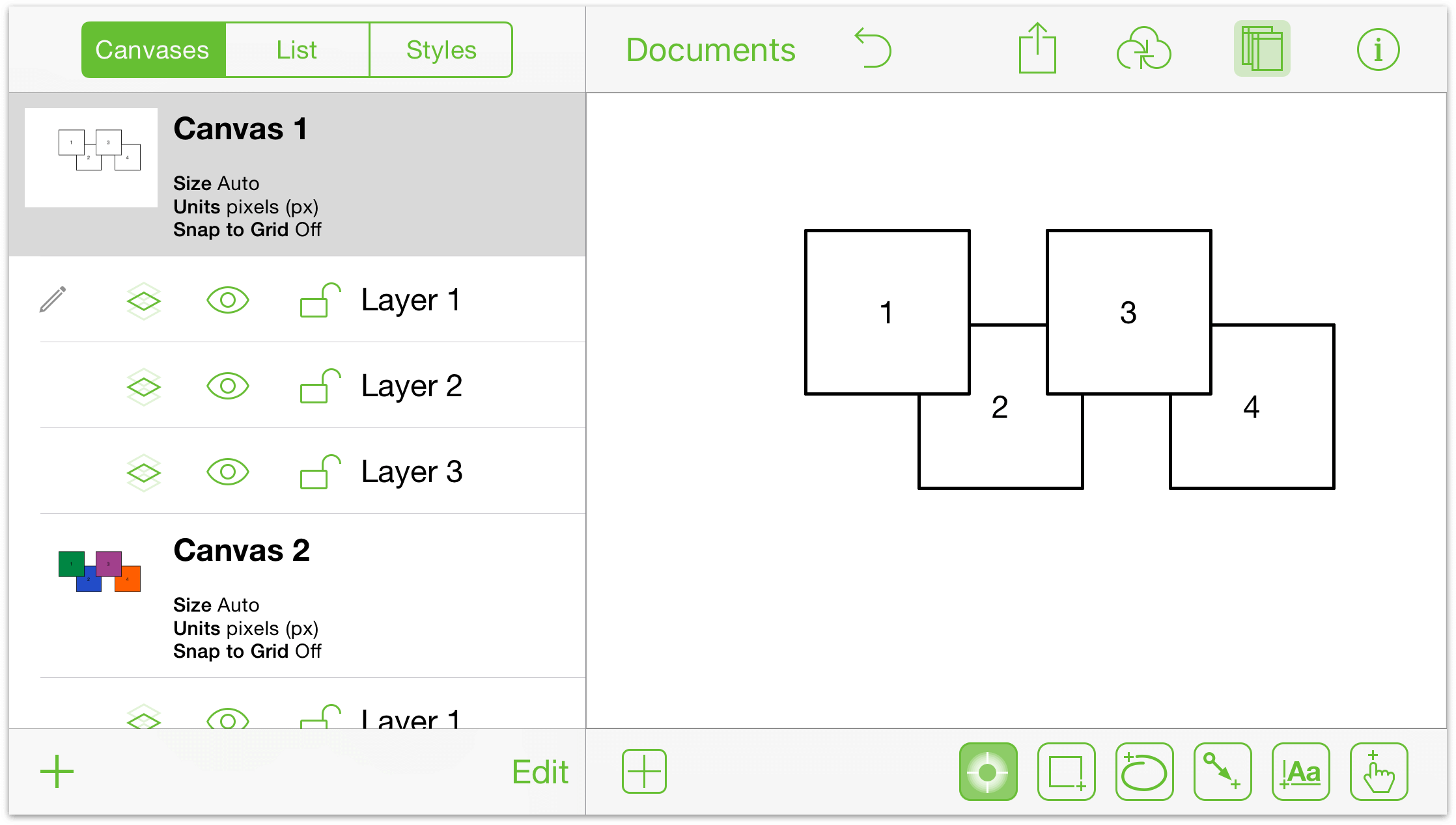 The OmniGraffle document, with two canvases and three layers in Canvas 1