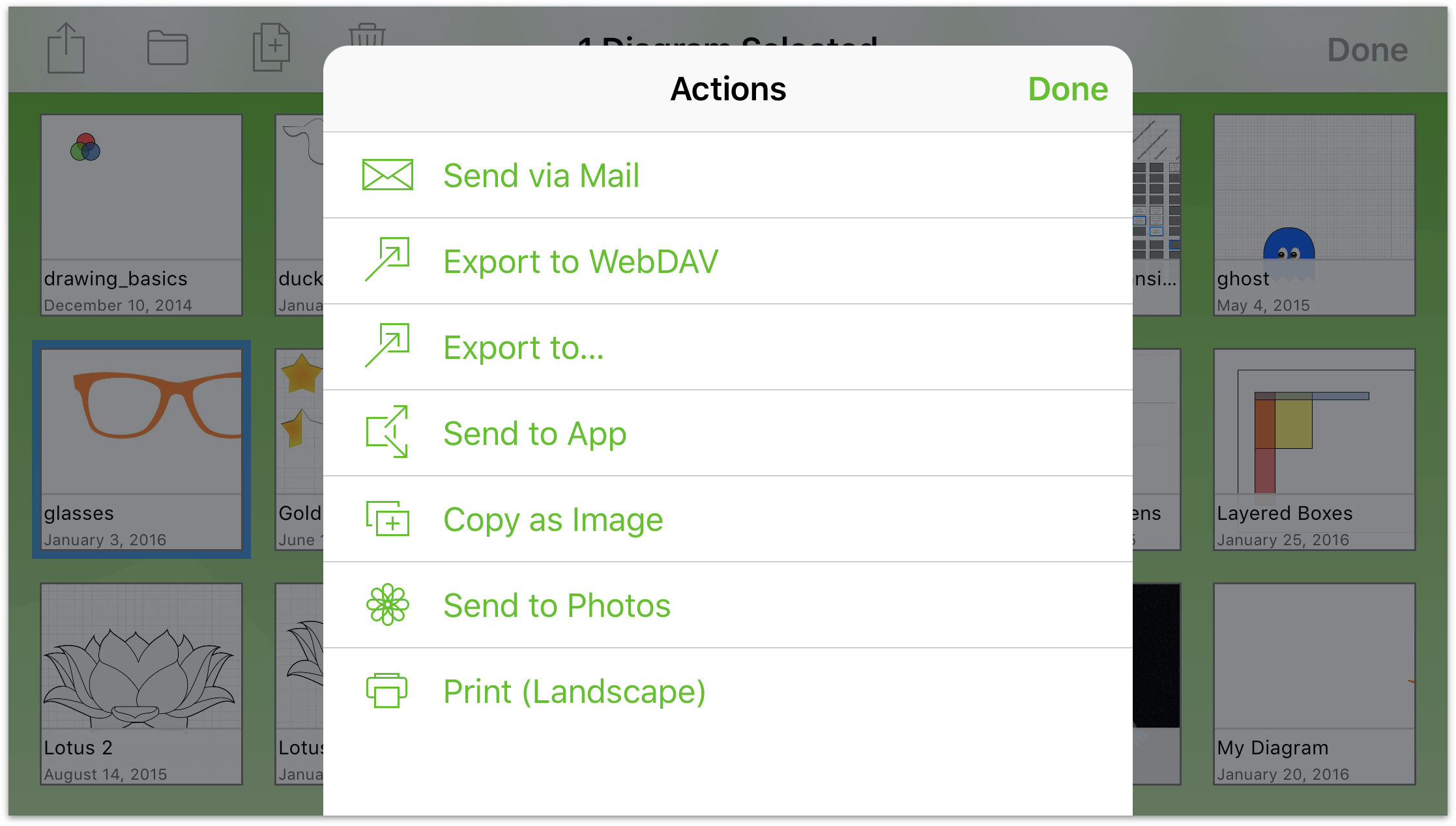 The Actions menu as it appears on an iPhone 6 Plus in landscape orientation