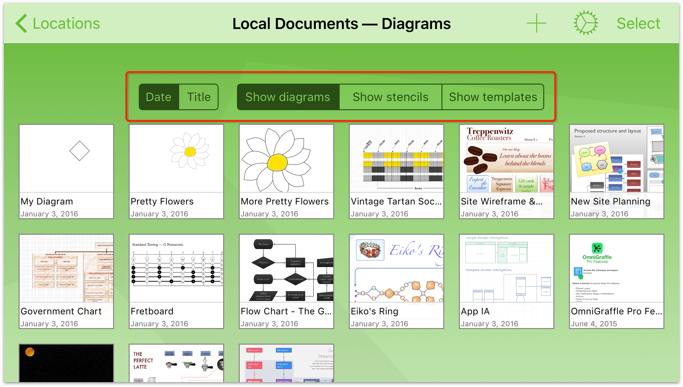 Reveal the document organizing buttons along the top of the folder screen