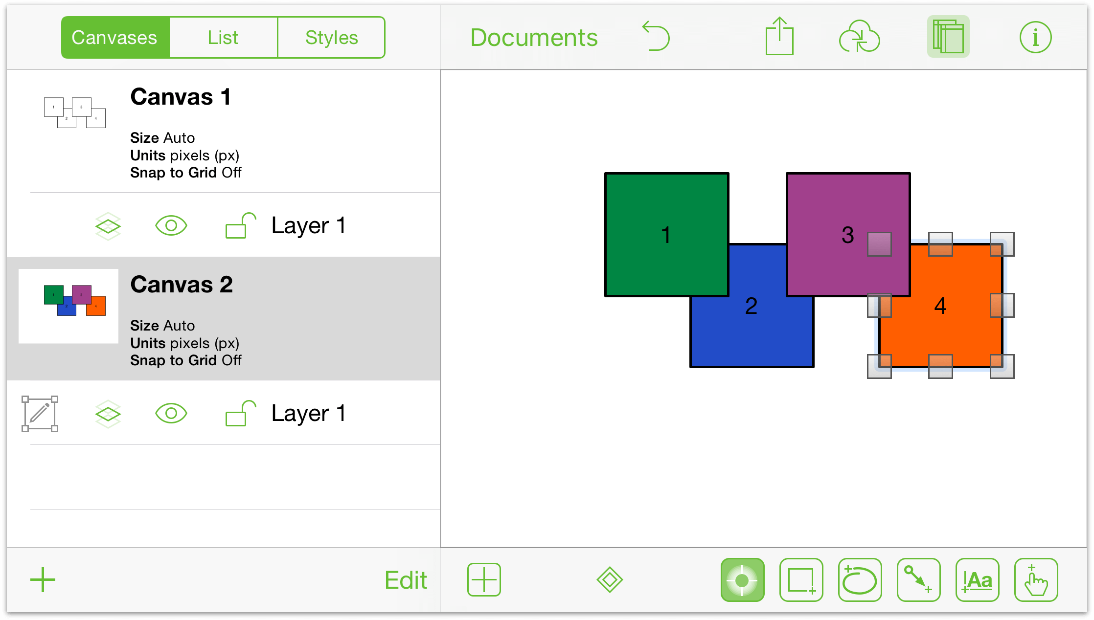 The four colored squares on Canvas 2