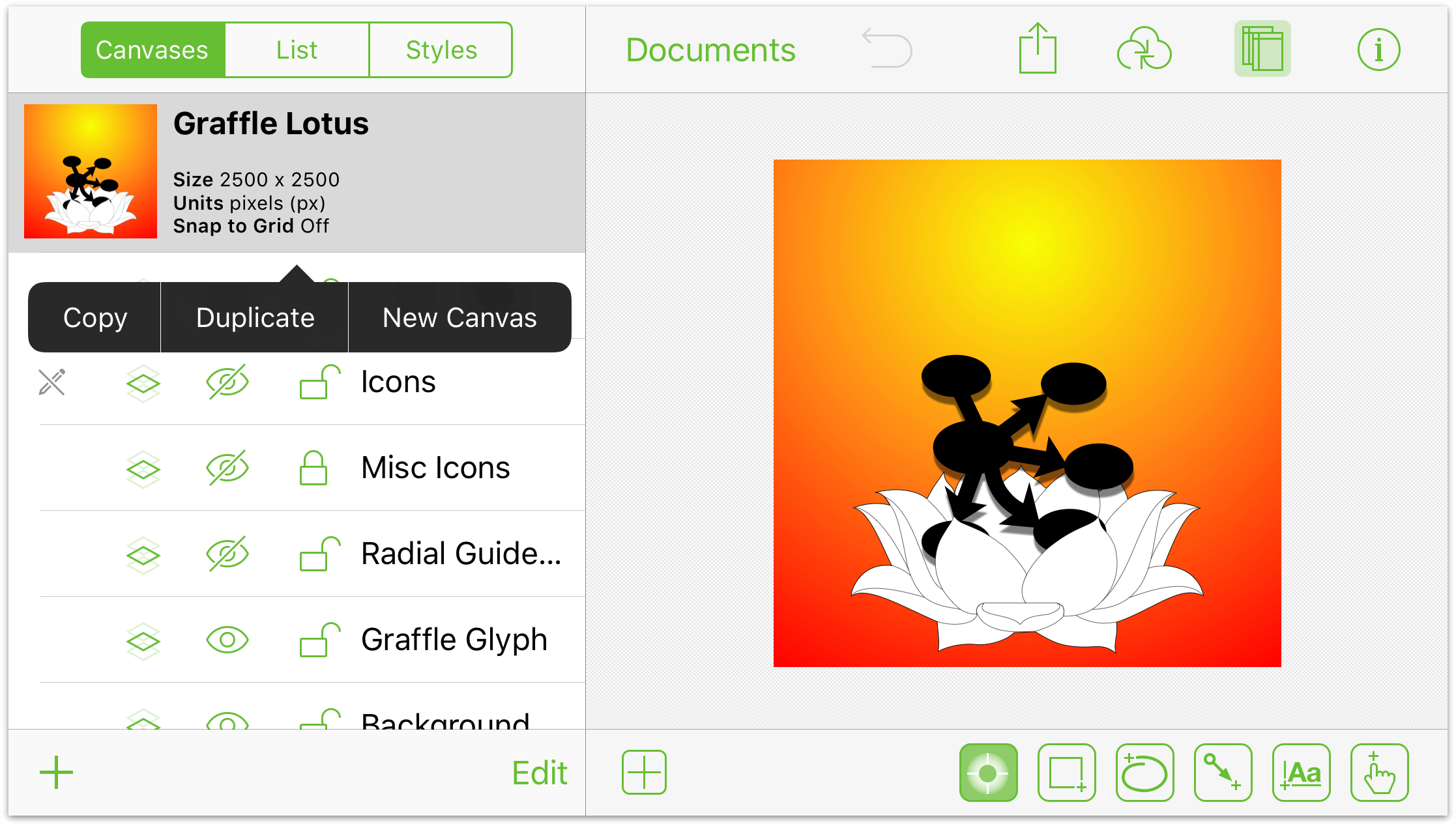 A canvass contextual menu