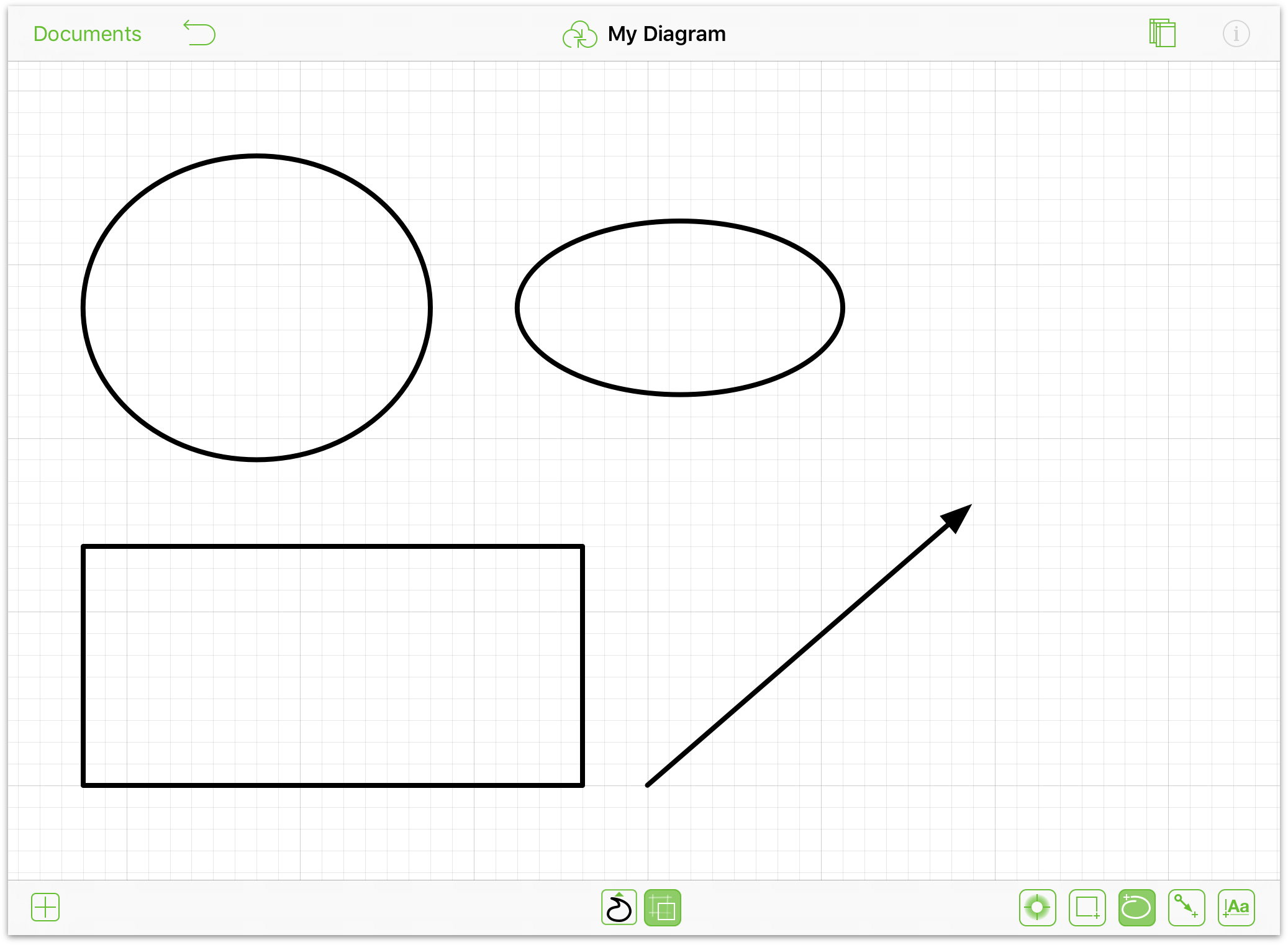 The canvas, with three shapes (a circle, an ellipse, and a triangle), along with a diagonal line with an arrowhead