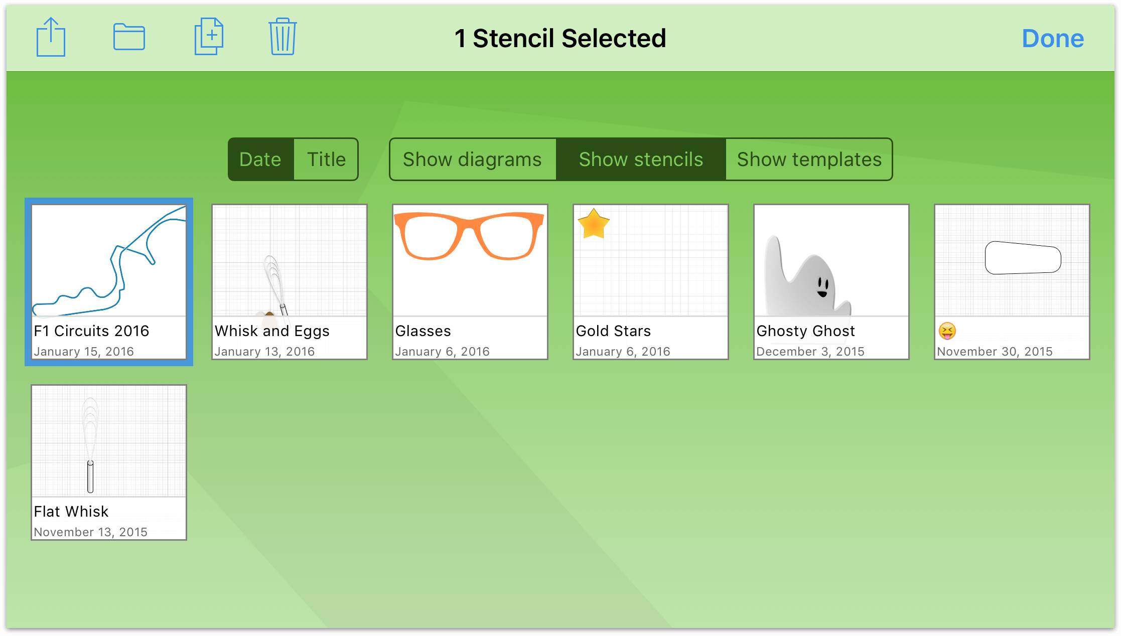 A selected stencil file, as noted by the blue border around the file icon.