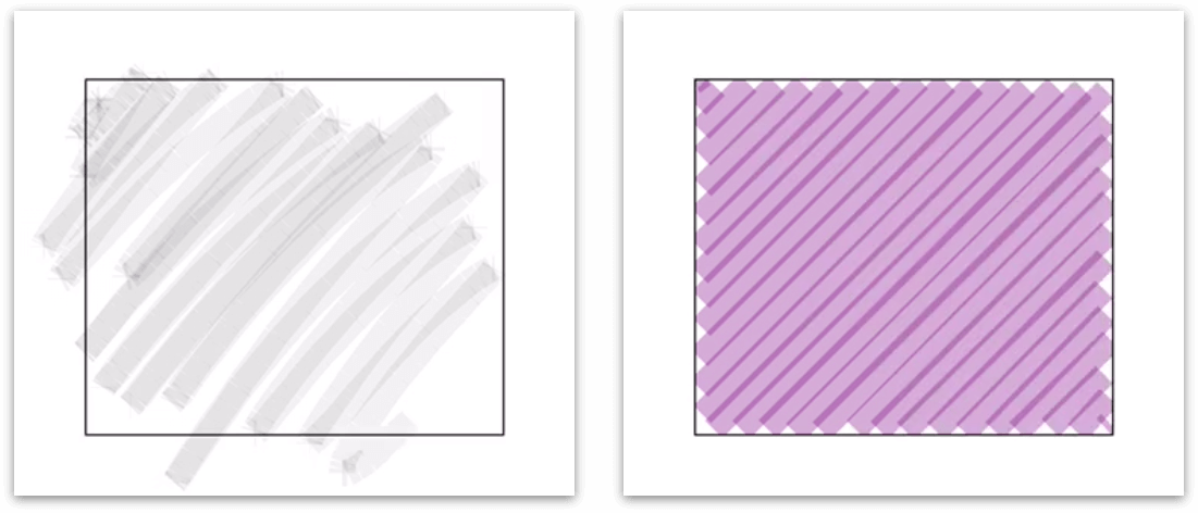There are two rectangles in this image. The square on the left has a gray shading inside the shape to denote the shading process with Apple Pencil. The rectangle on the right has a purple marker fill that is on a forty-five degree angle starting at the upper-left corner.