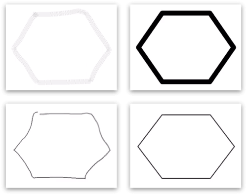 A series of four hexagons drawn with Apple Pencil. Objects on the left depict the hexagons being drawn with a flatter (top) and finer (bottom) stroke, with the hexagons on the right depicting the objects as rendered after Shape Recognition was applied.