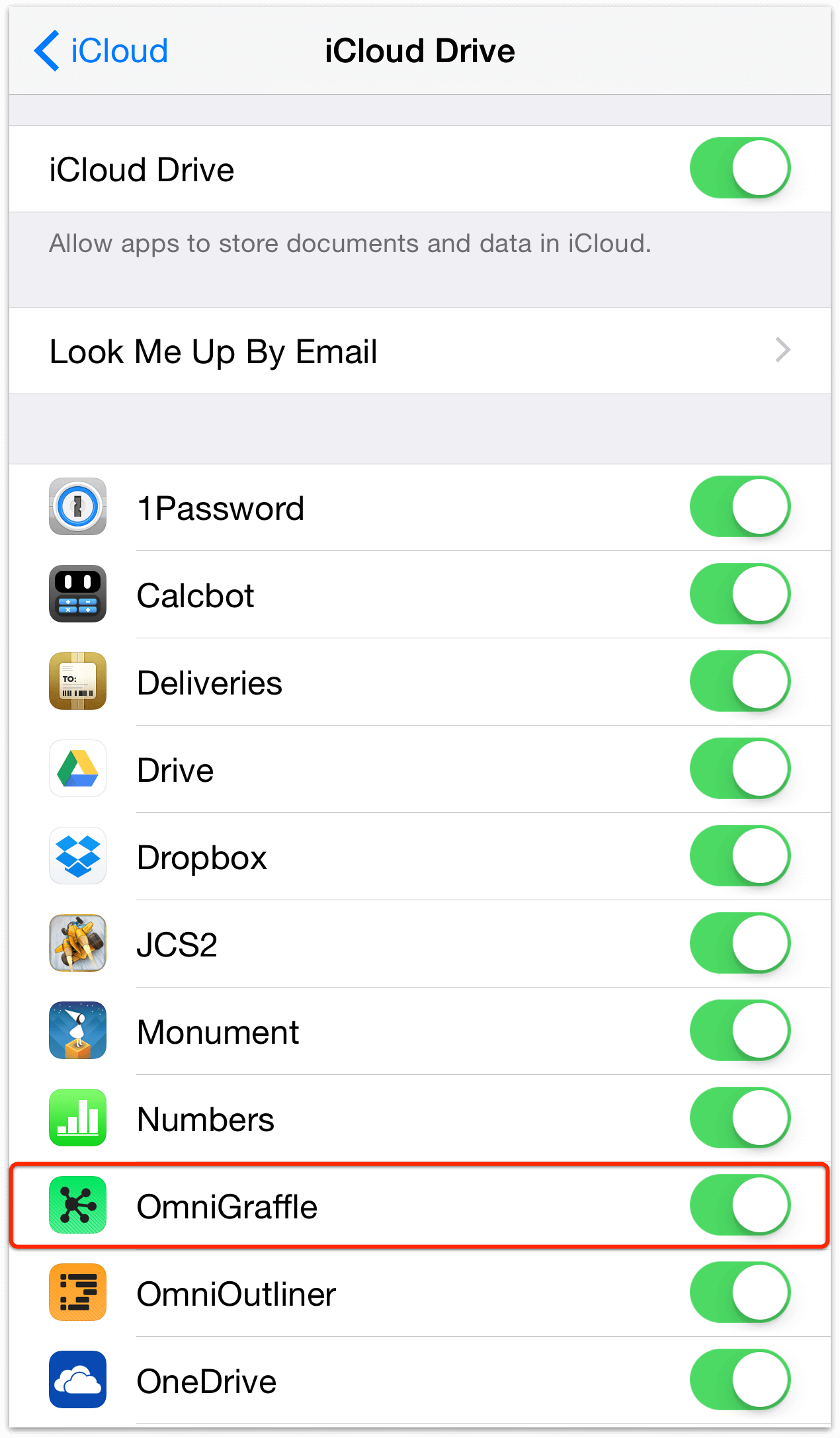 The iCloud Drive screen, showing the list of apps storing documents and data in iCloud