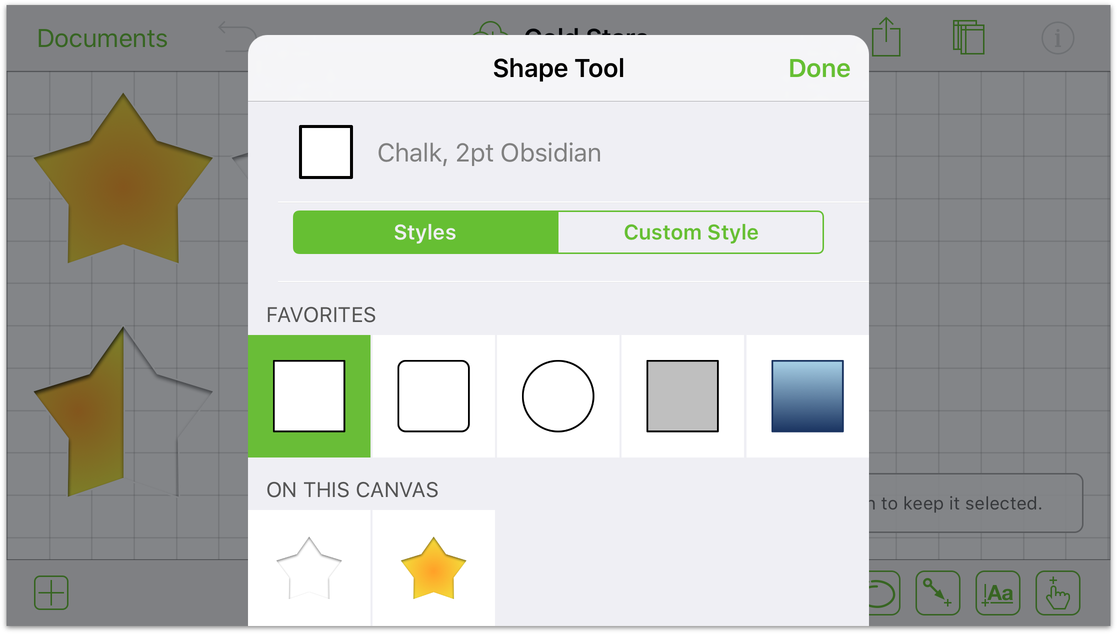 The Shape tools Info window