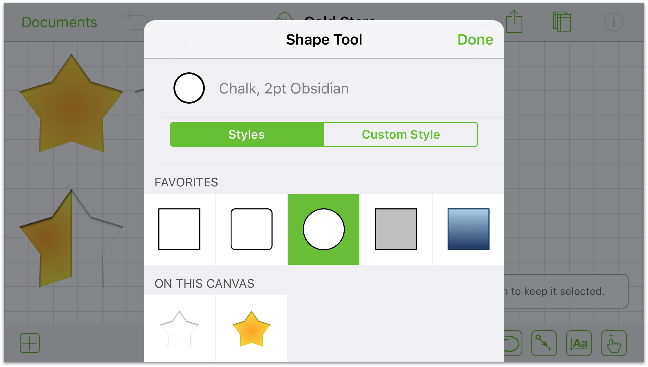The Shape tools Info window showing that the circle shape has been selected