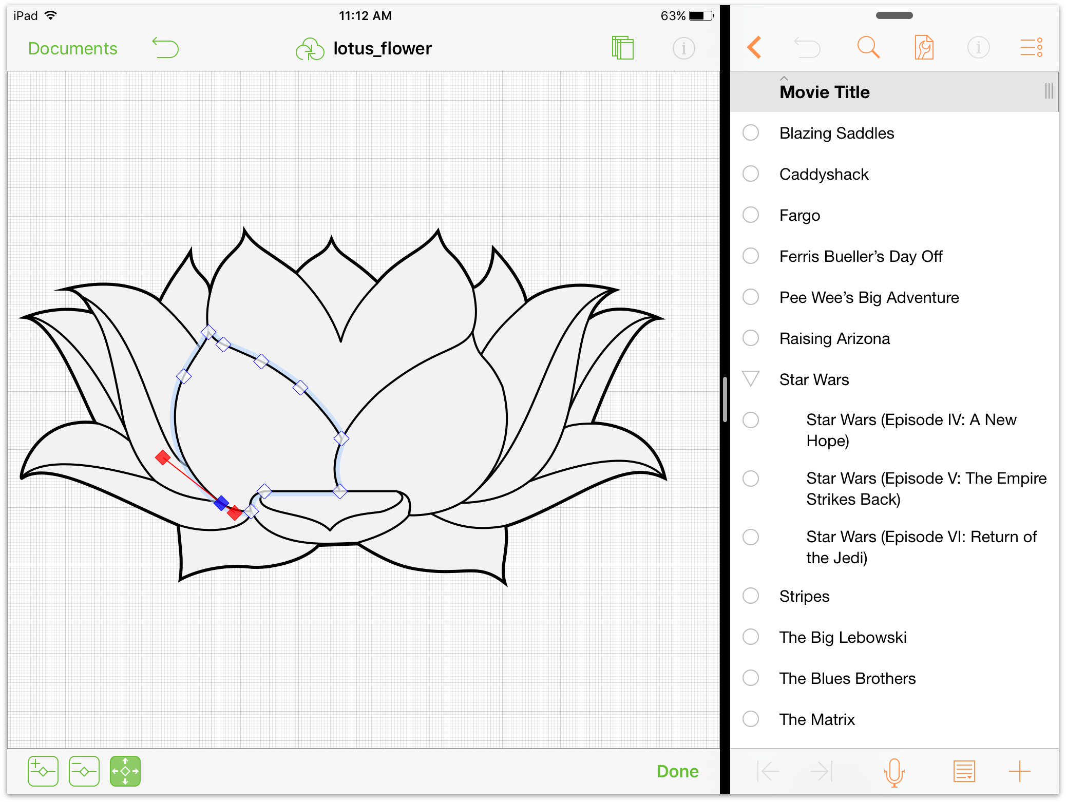 Multitasking in iOS 9, with OmniGraffle on the left and OmniOutliner on the right