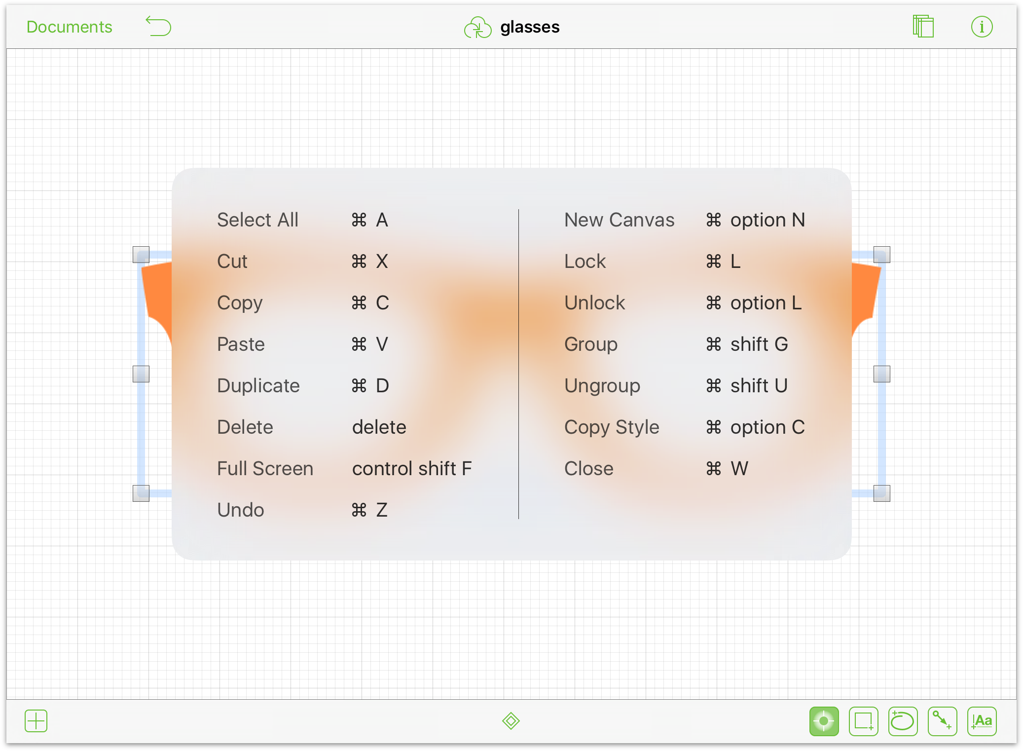 An OmniOutliner document with the keyboard shortcut overlay on top