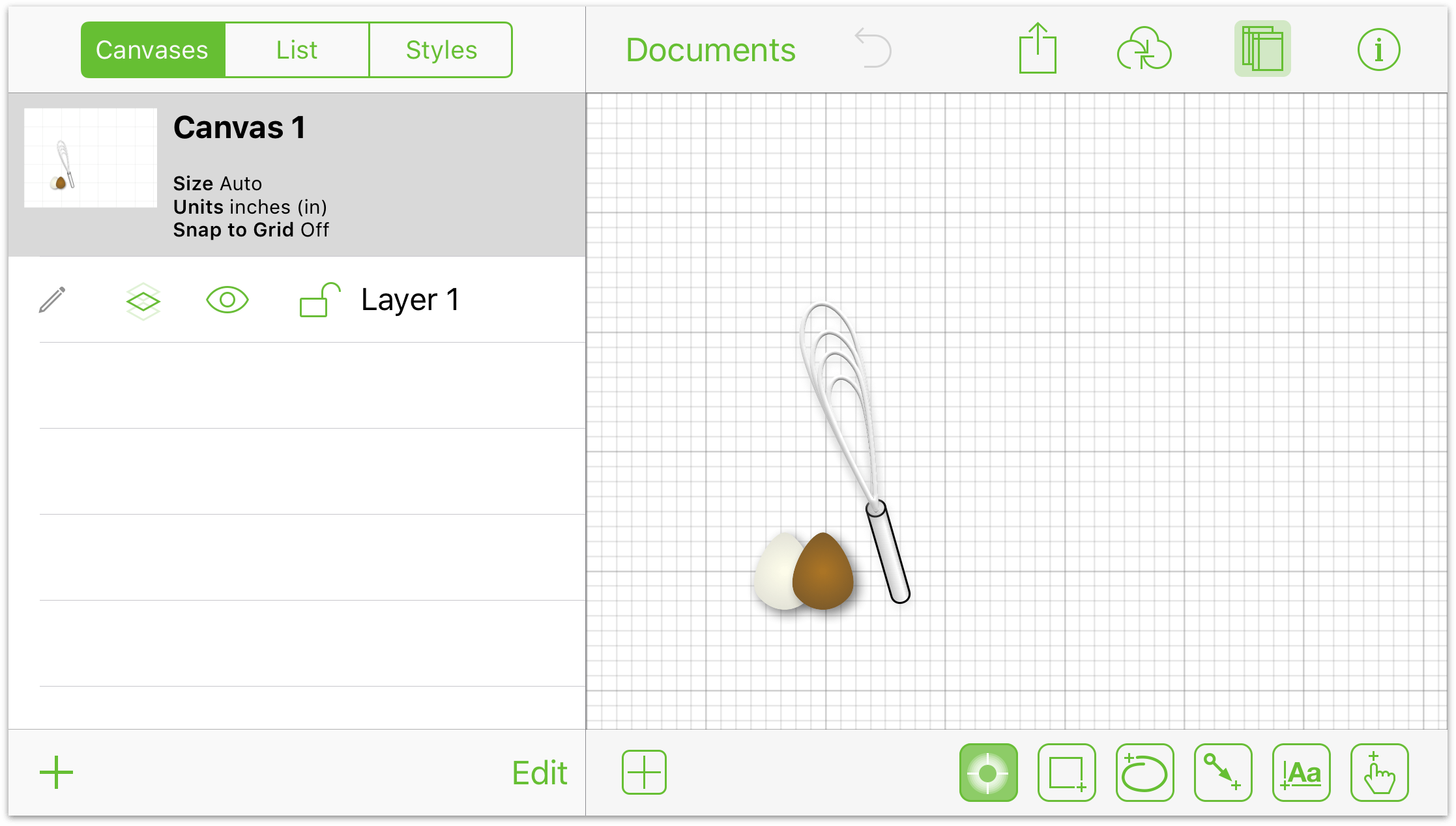An OmniGraffle document with three objects on the canvas: two eggs and a flat whisk