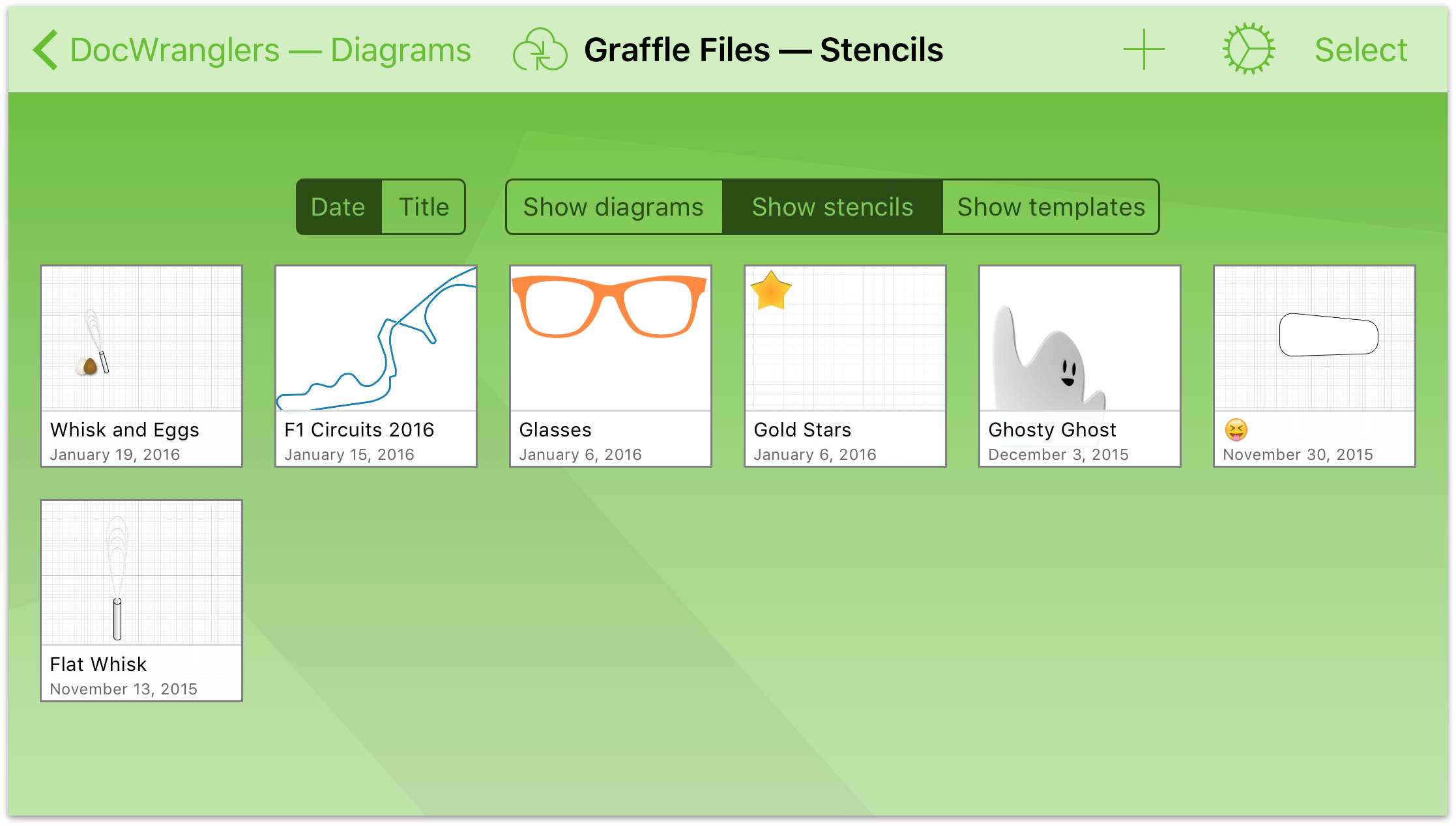 The Document Browser, showing the available stencil files, along with the file you just exported
