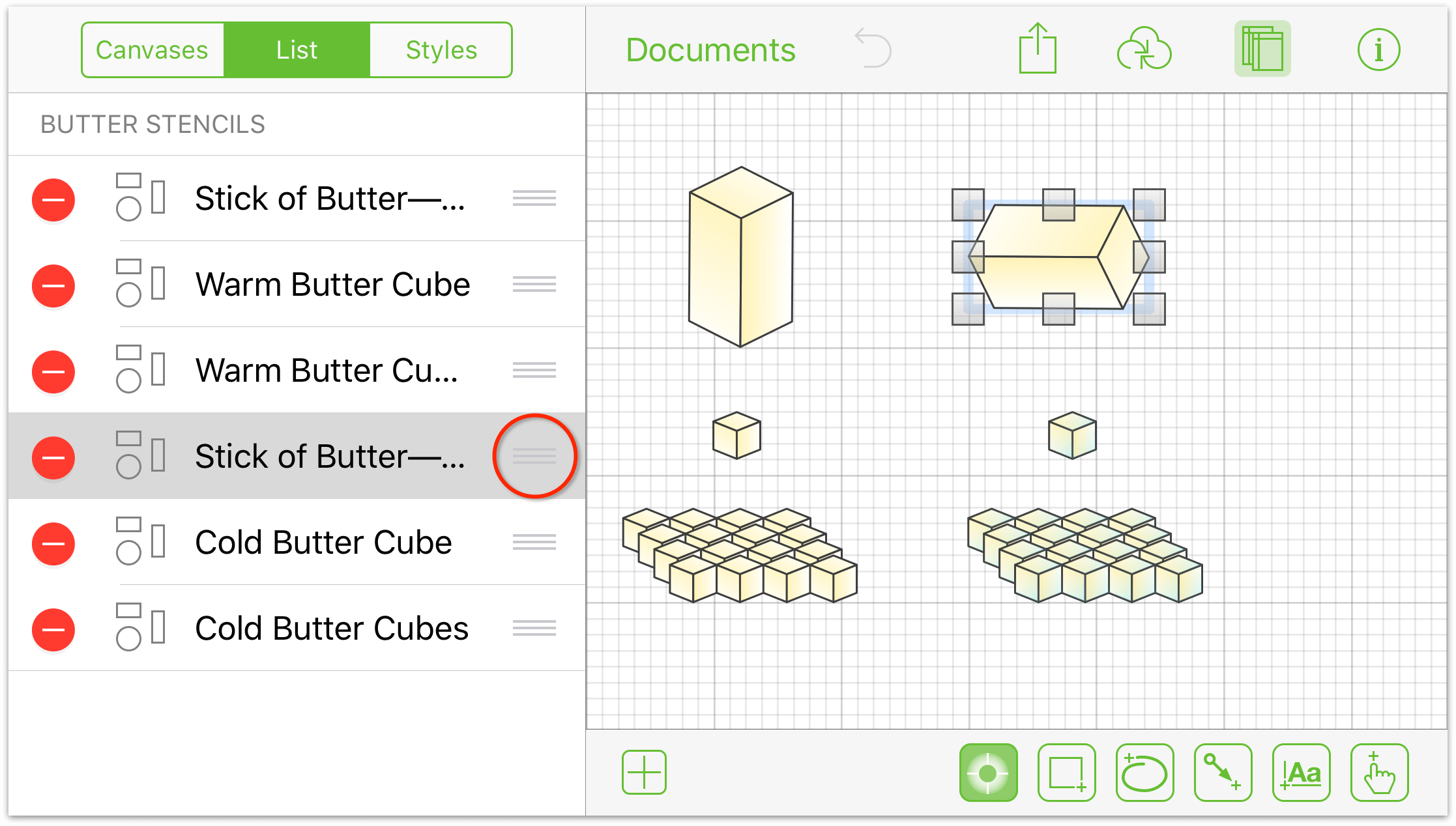 Viewing the objects on the canvas in the sidebar's List view