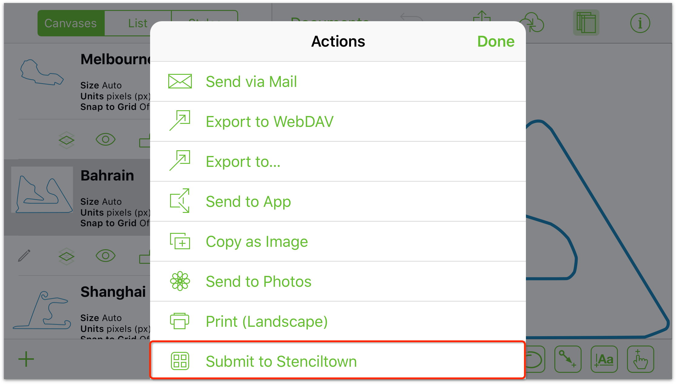 The Actions menu, opened when working in a Stencil file