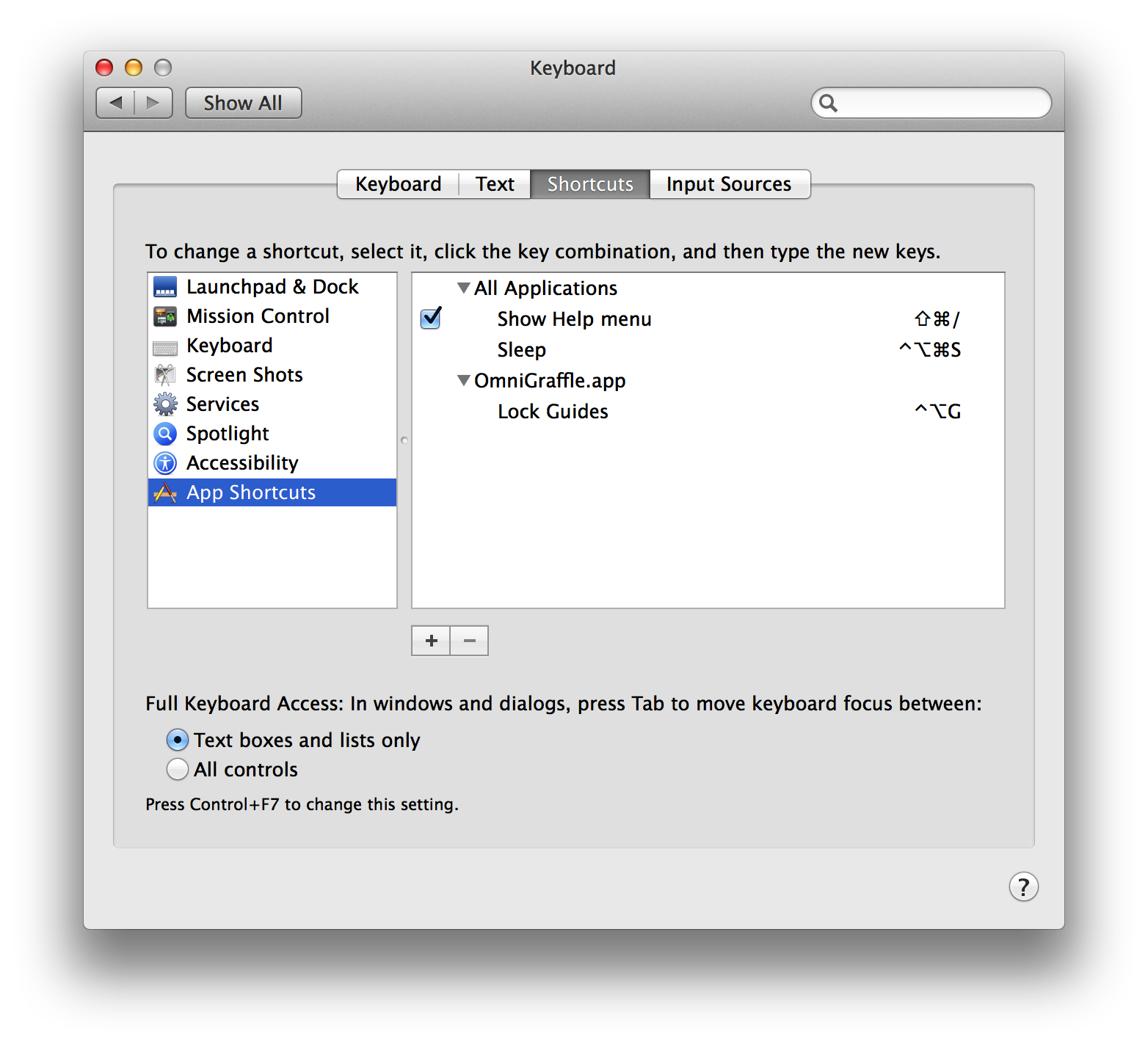 Use the Shortcuts section of the Keyboard preference panel to create and manage custom keyboard shortcuts on your Mac