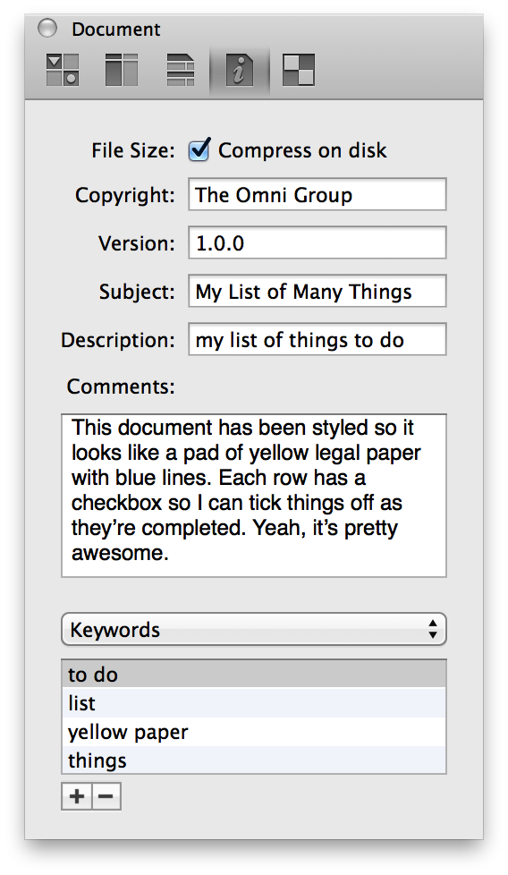 Use the popup menu along with the combo box to add additional metadata to your OmniOutliner file
