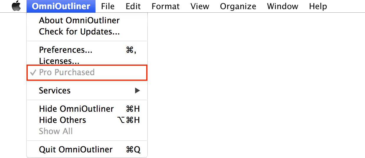 First, check the OmniOutliner menu (next to the Apple menu) and select About OmniOutliner