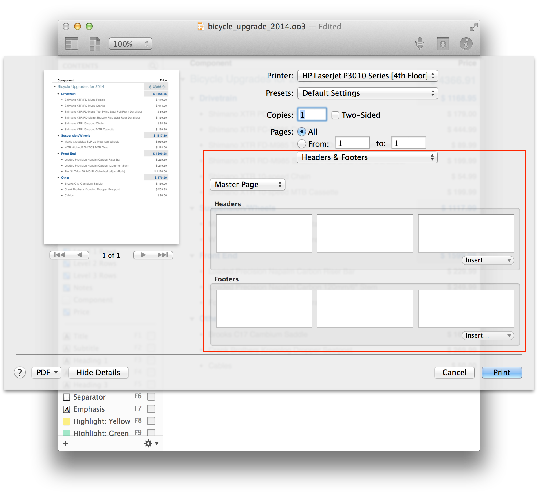 Header and Footer printing options