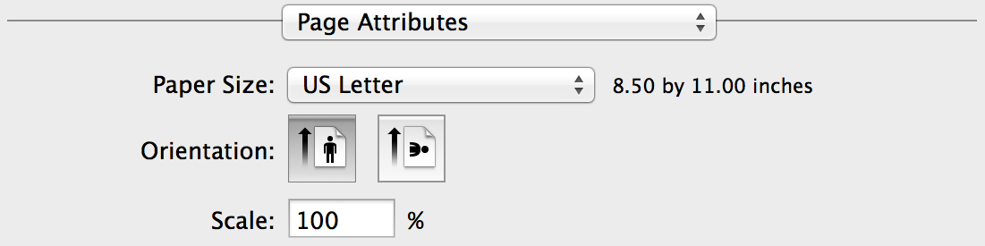 Use the Page Attributes settings to change the orientation or scale of your document