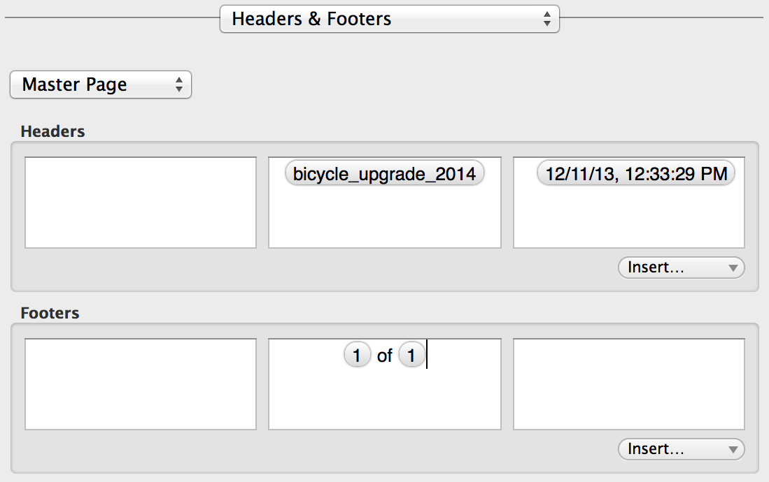 An example of how you can configure the Headers and Footers to print on an OmniOutliner document