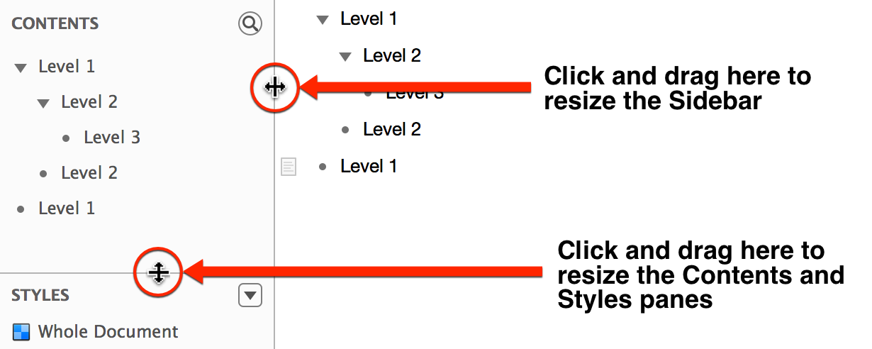 Click and drag the resizing handles to resize the sections of the sidebar, or the sidebar itself