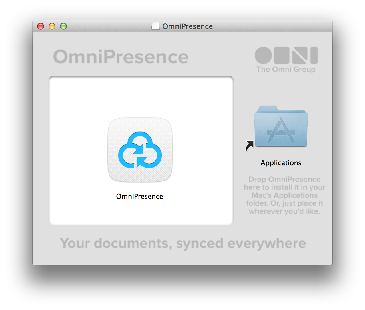 Drag the OmniPresence.app icon over to the Applications folder to install it on your Mac
