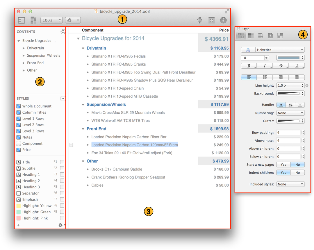 The four sections that make up OmniOutliners user interface provide all the punch and power you need