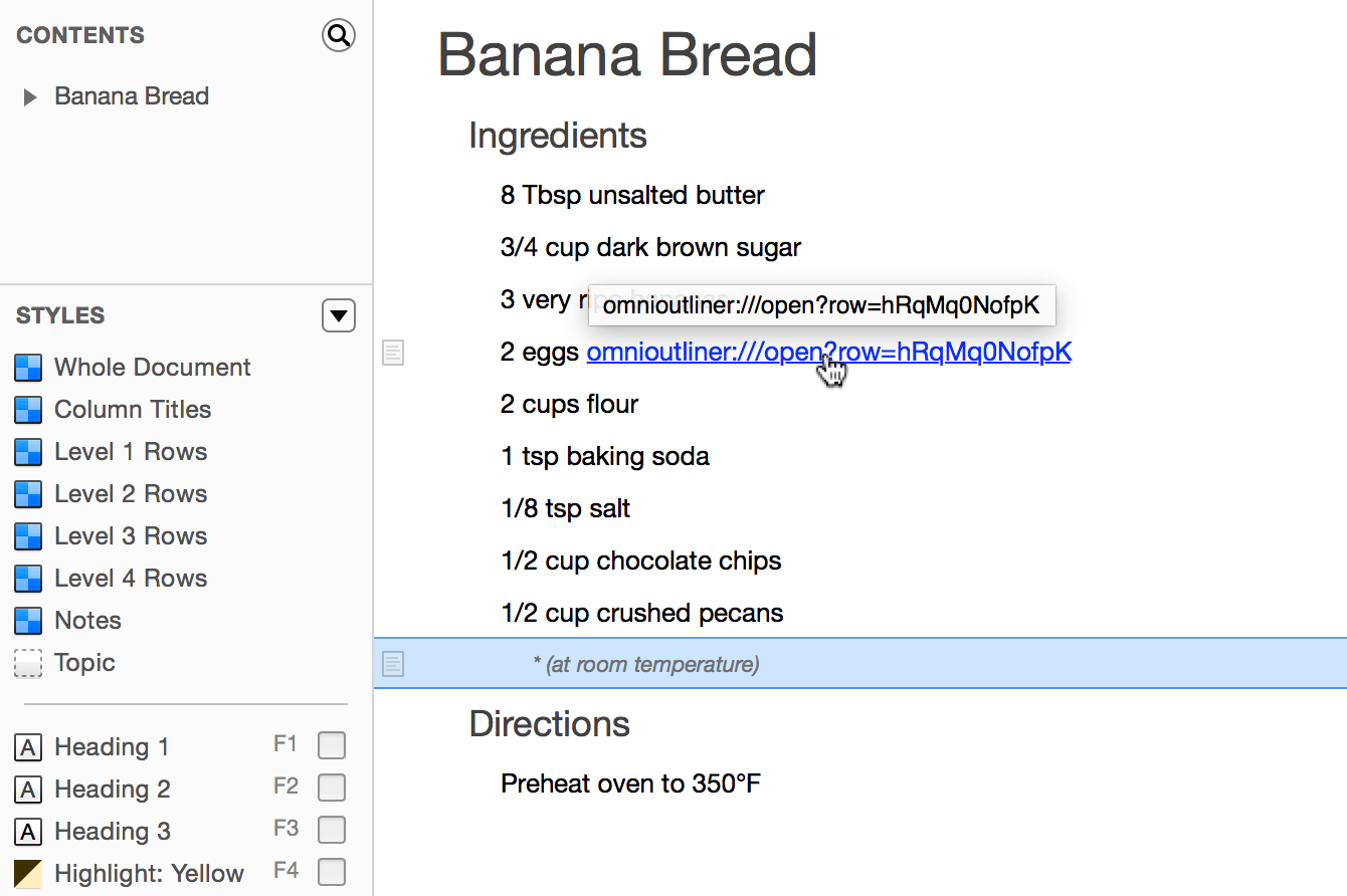 An example of how pasted links appear in an OmniOutliner file.