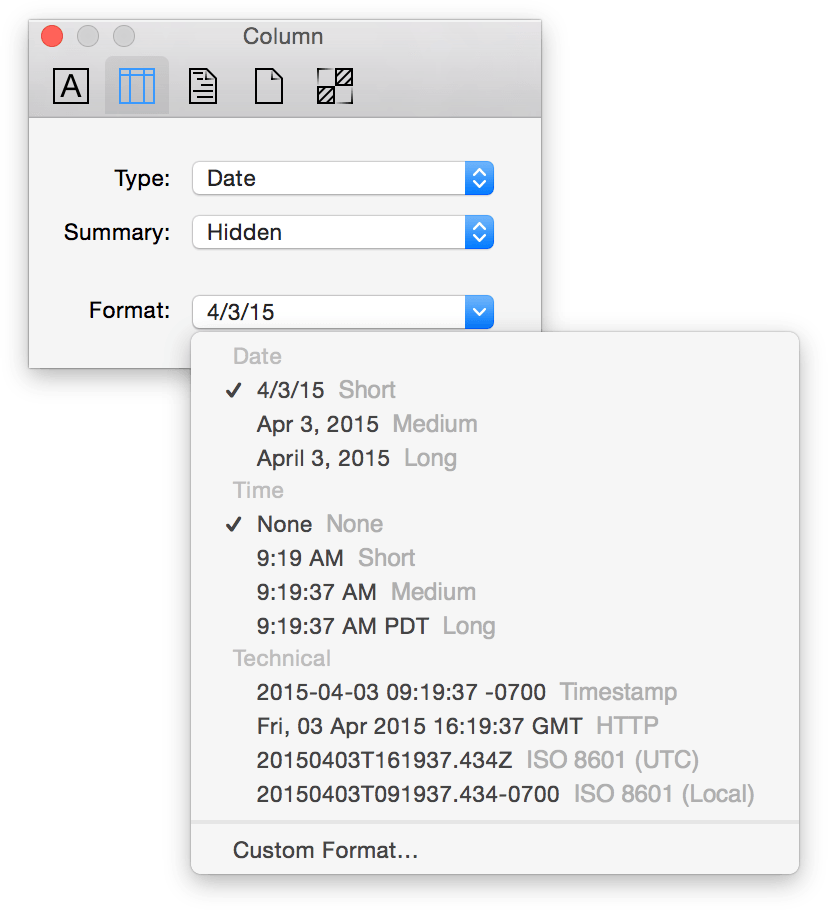 Choose a date and time format to use in the column