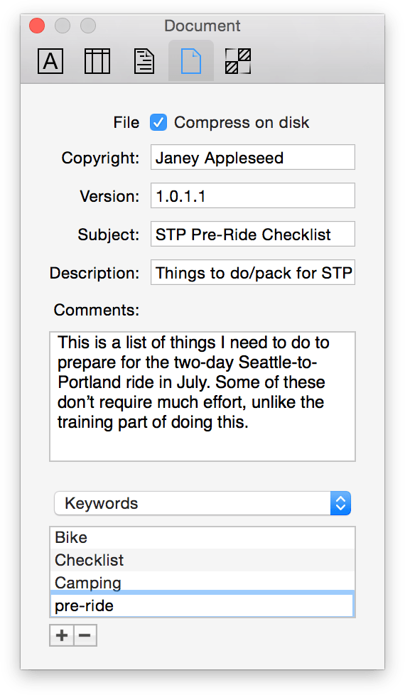 Use the popup menu along with the combo box to add additional metadata to your OmniOutliner file