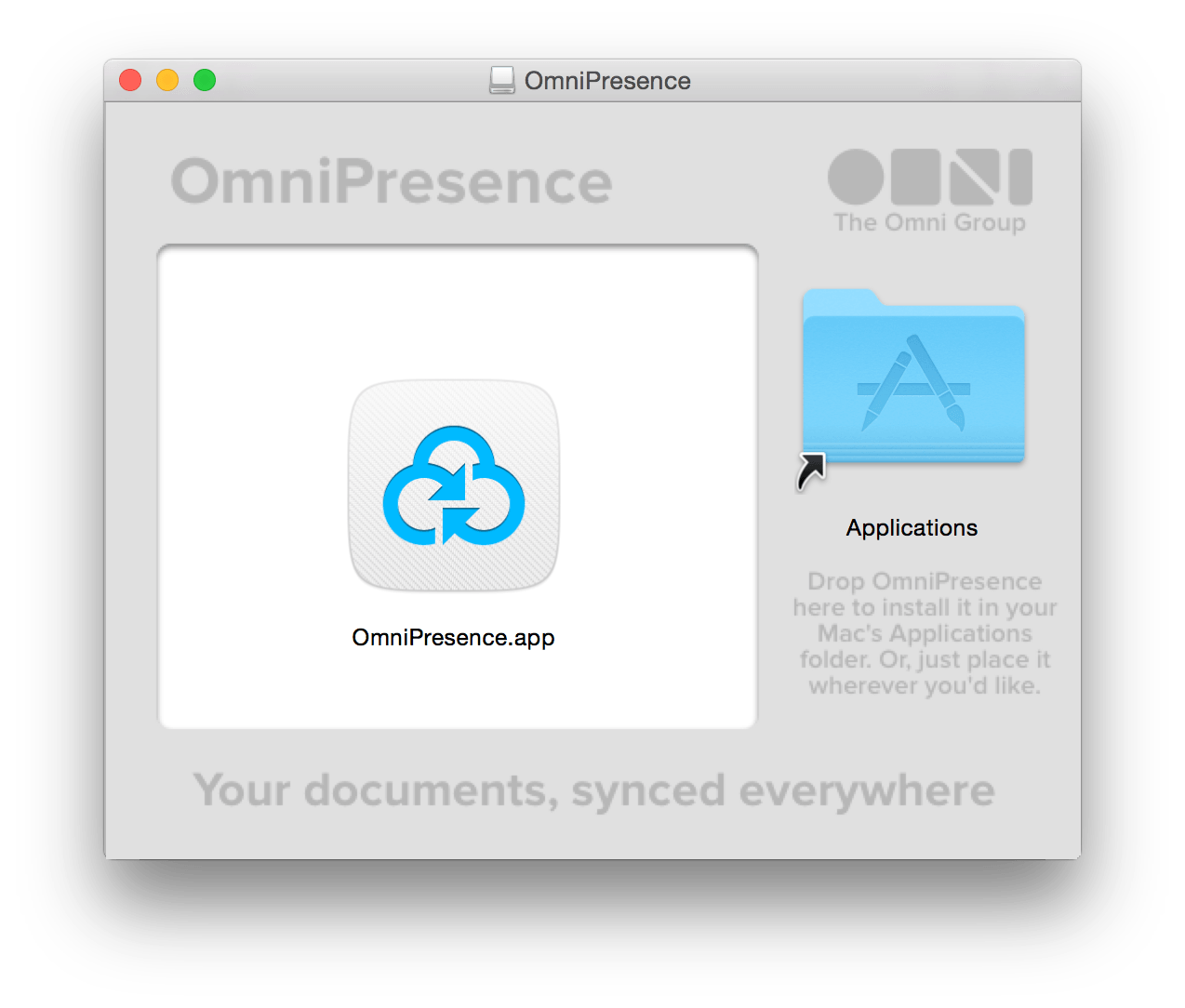 Drag the OmniPresence.app icon over to the Applications folder to install it on your Mac