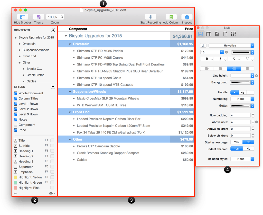 The four sections that make up OmniOutliners user interface provide all the punch and power you need