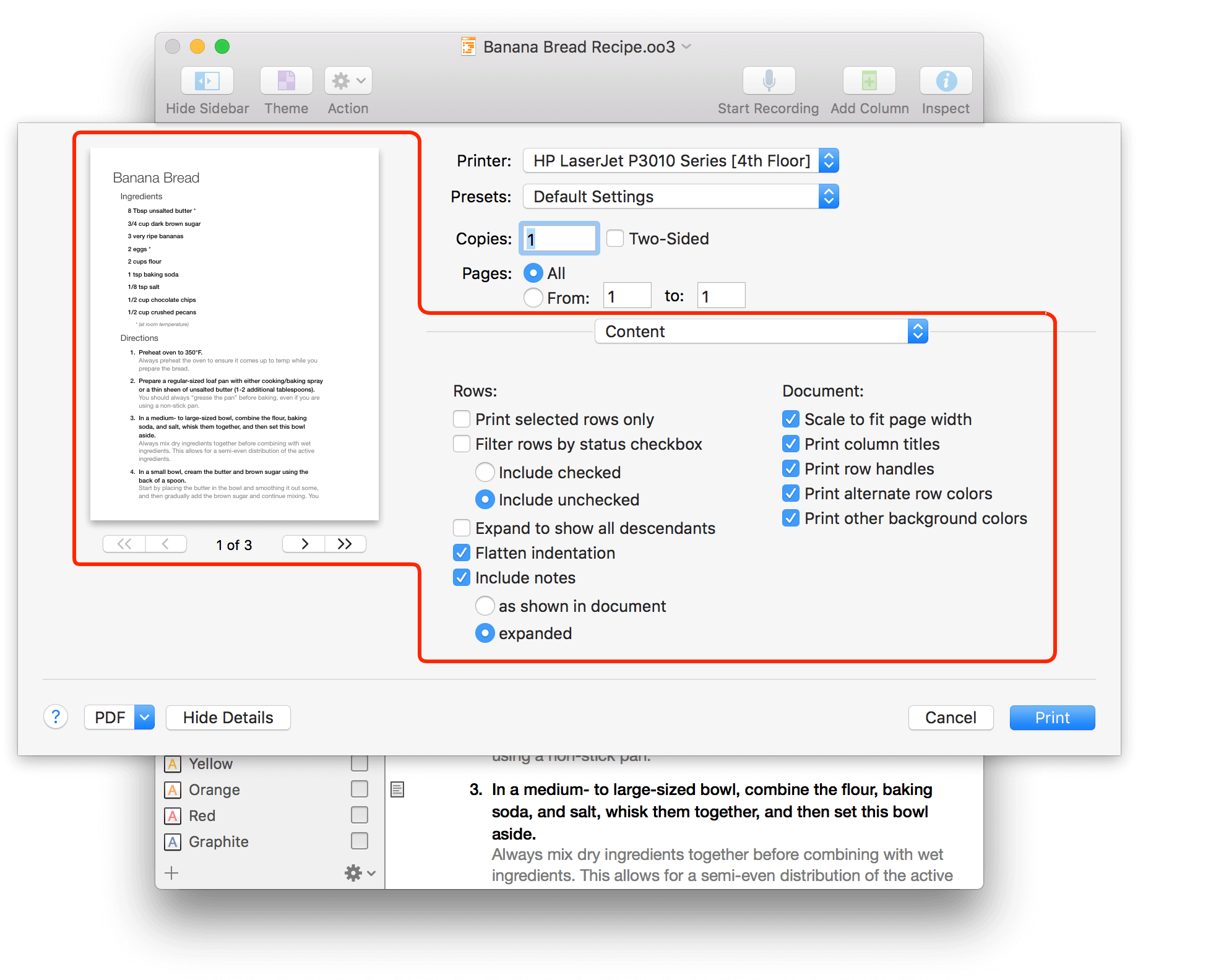 Printing options specific to OmniOutliner documents