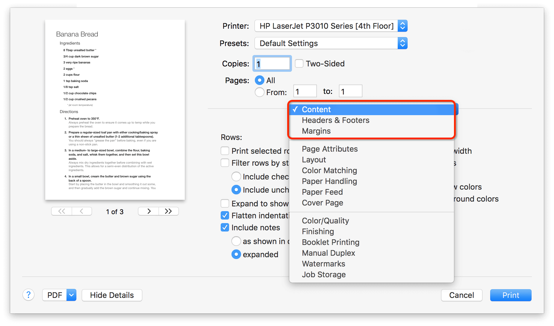 The Print Options popup menu, expanded
